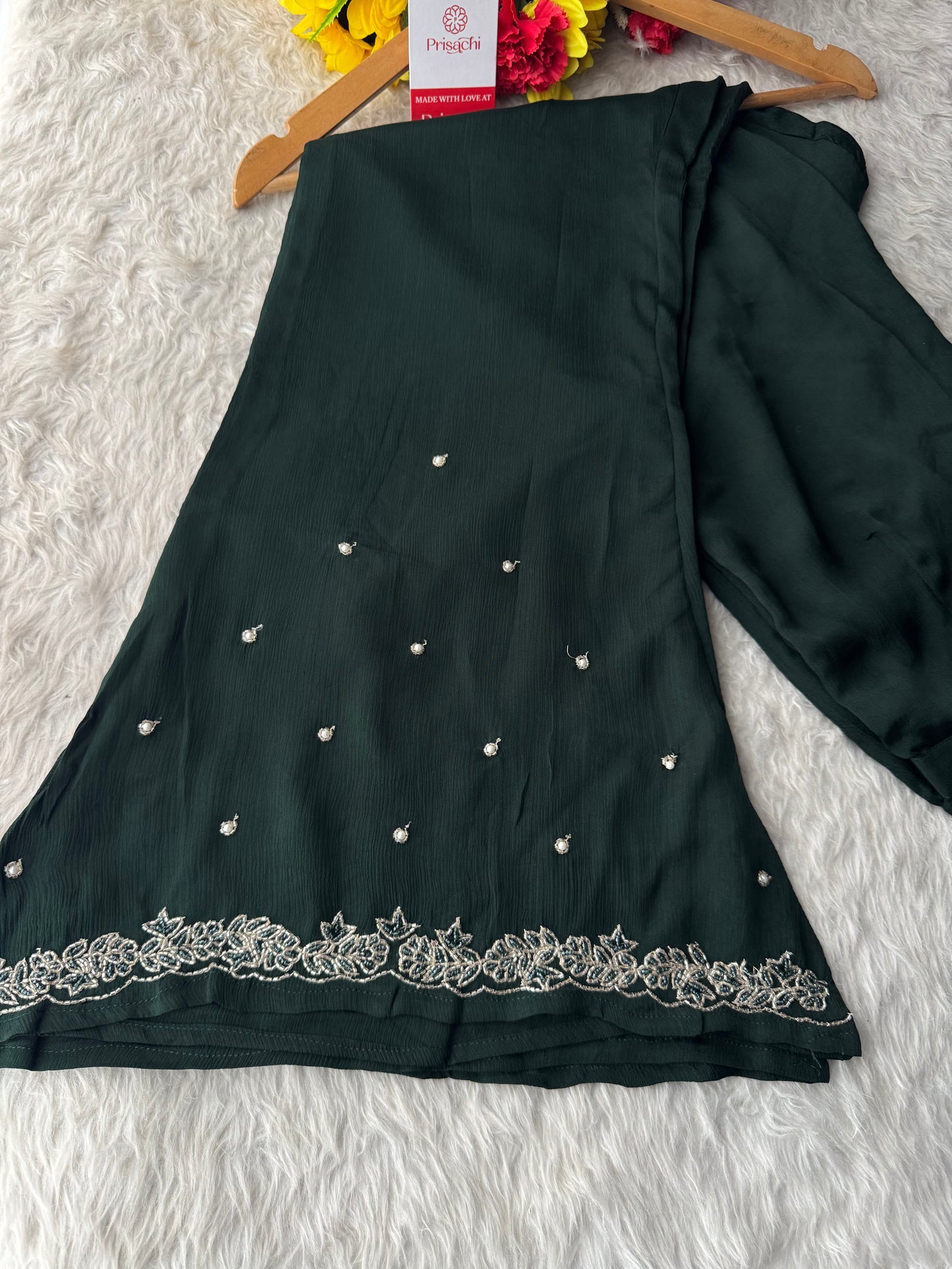 Deep Green Zardozi Embroidered Ethnic Kurta Set with Bell Bottom Pants & Dupatta