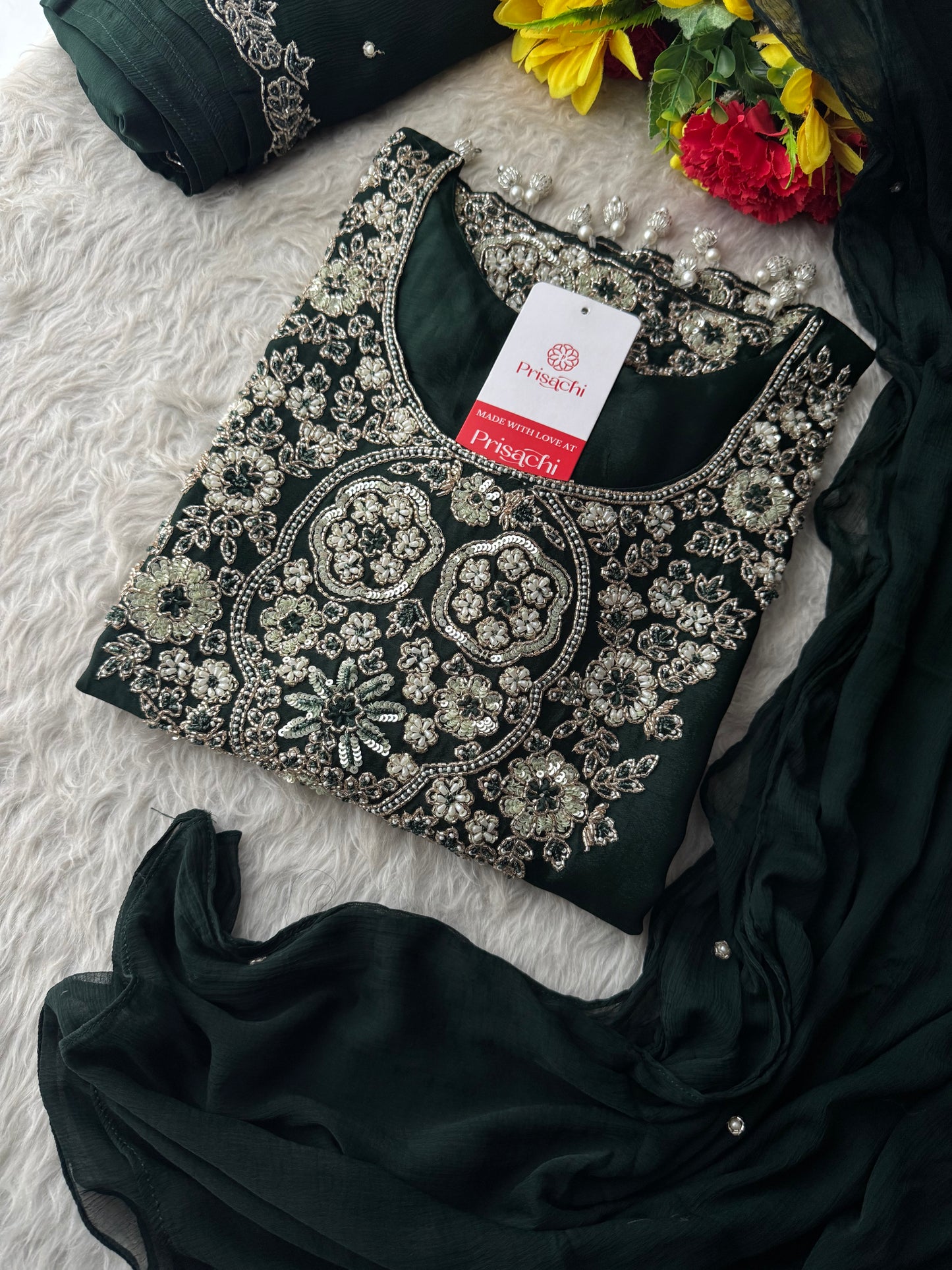 Deep Green Zardozi Embroidered Ethnic Kurta Set with Bell Bottom Pants & Dupatta