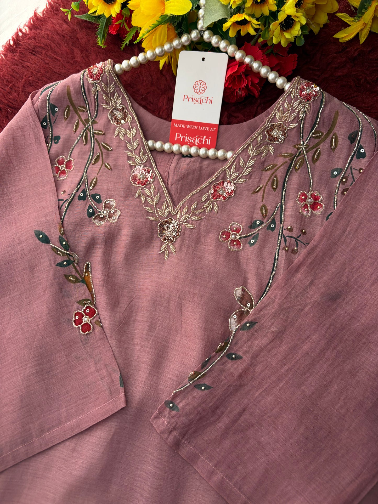 Mauve Embroidered A-Line Ethnic kurta set with dupatta and Pants