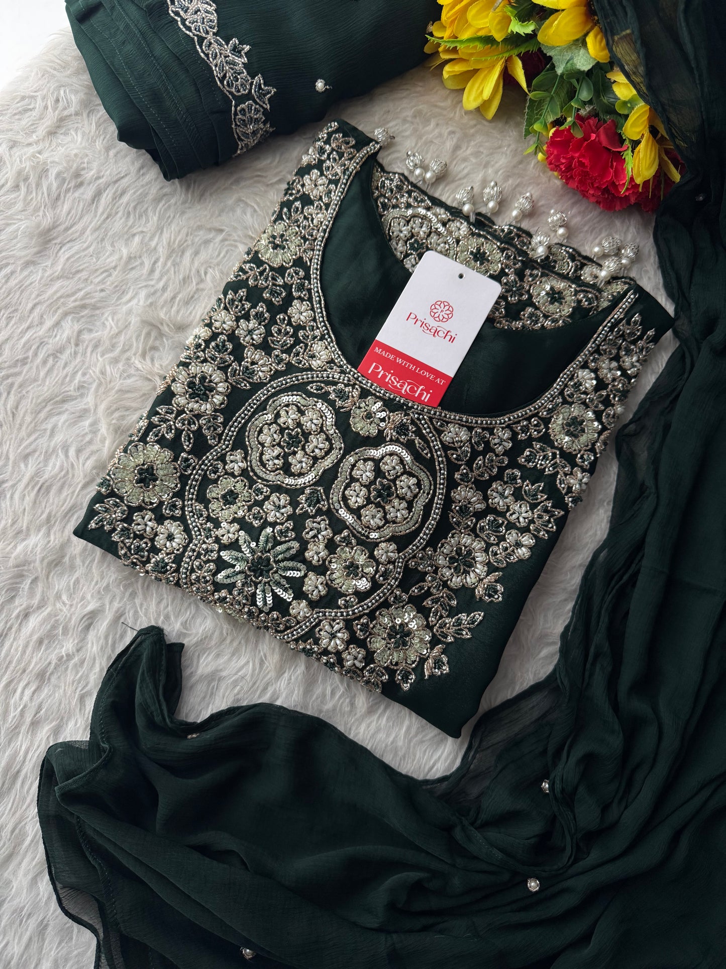 Deep Green Zardozi Embroidered Ethnic Kurta Set with Bell Bottom Pants & Dupatta