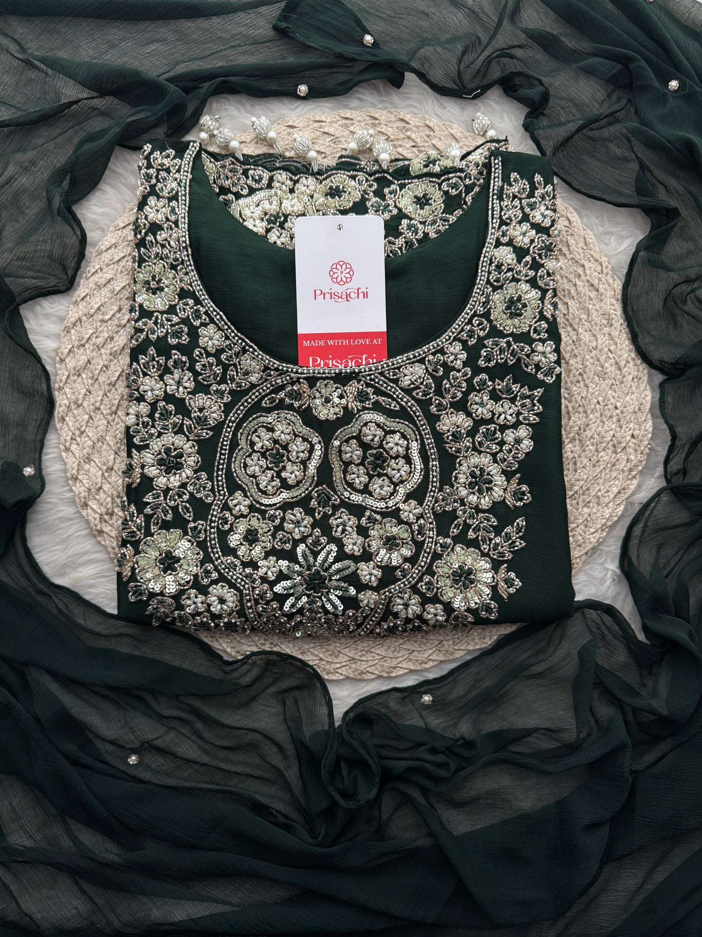 Deep Green Zardozi Embroidered Ethnic Kurta Set with Bell Bottom Pants & Dupatta