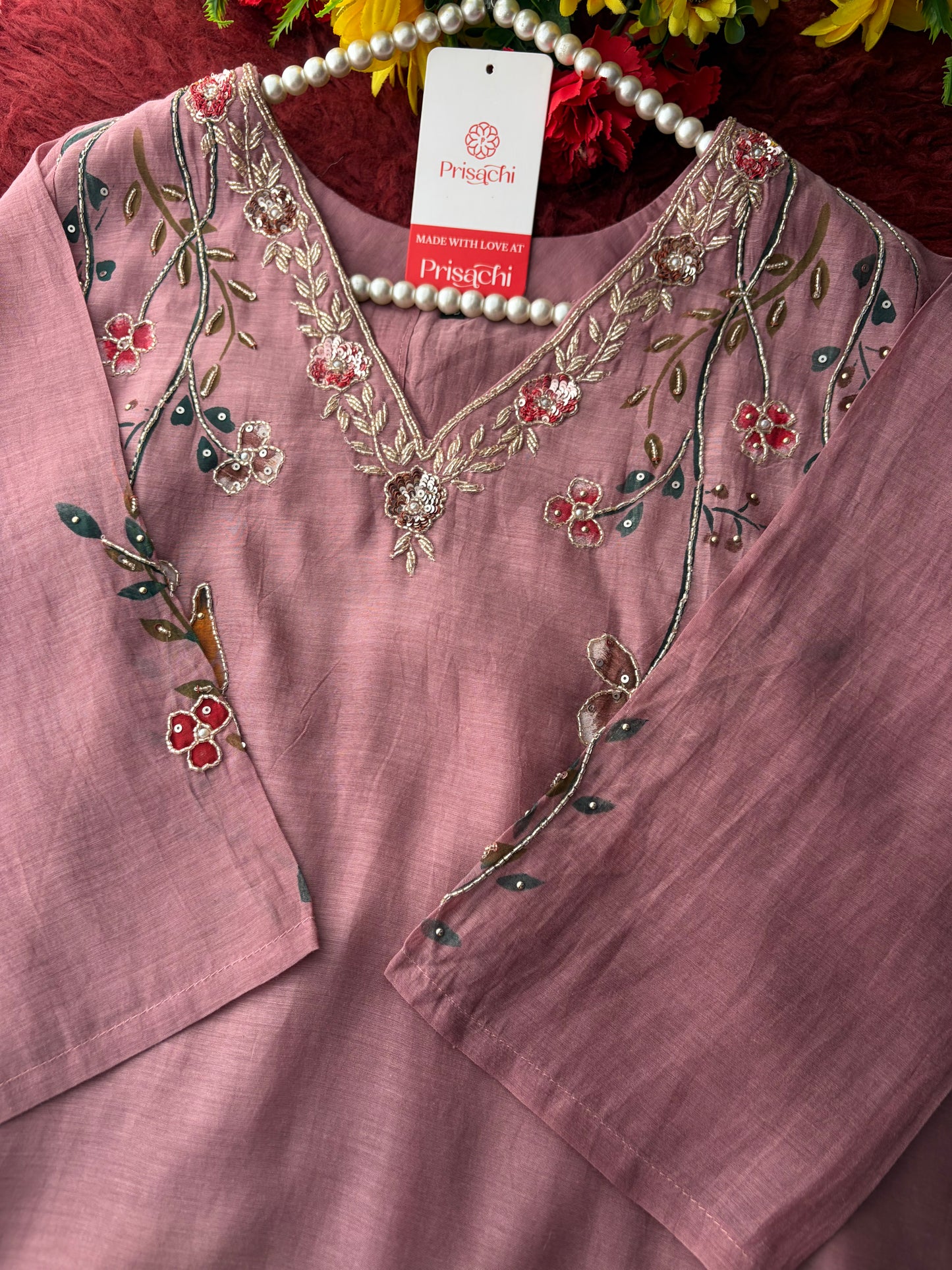 Mauve Embroidered A-Line Ethnic kurta set with dupatta and Pants
