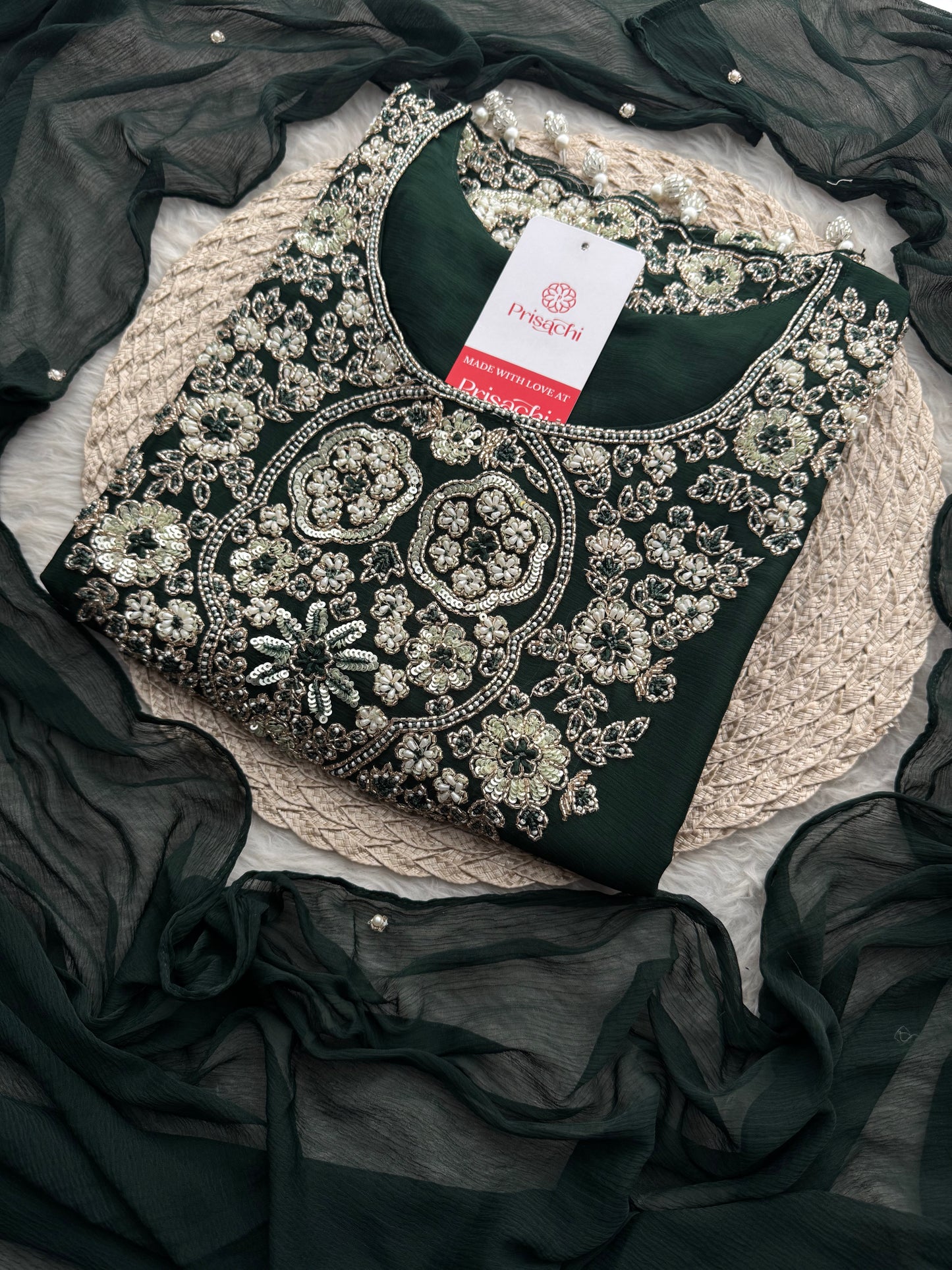 Deep Green Zardozi Embroidered Ethnic Kurta Set with Bell Bottom Pants & Dupatta