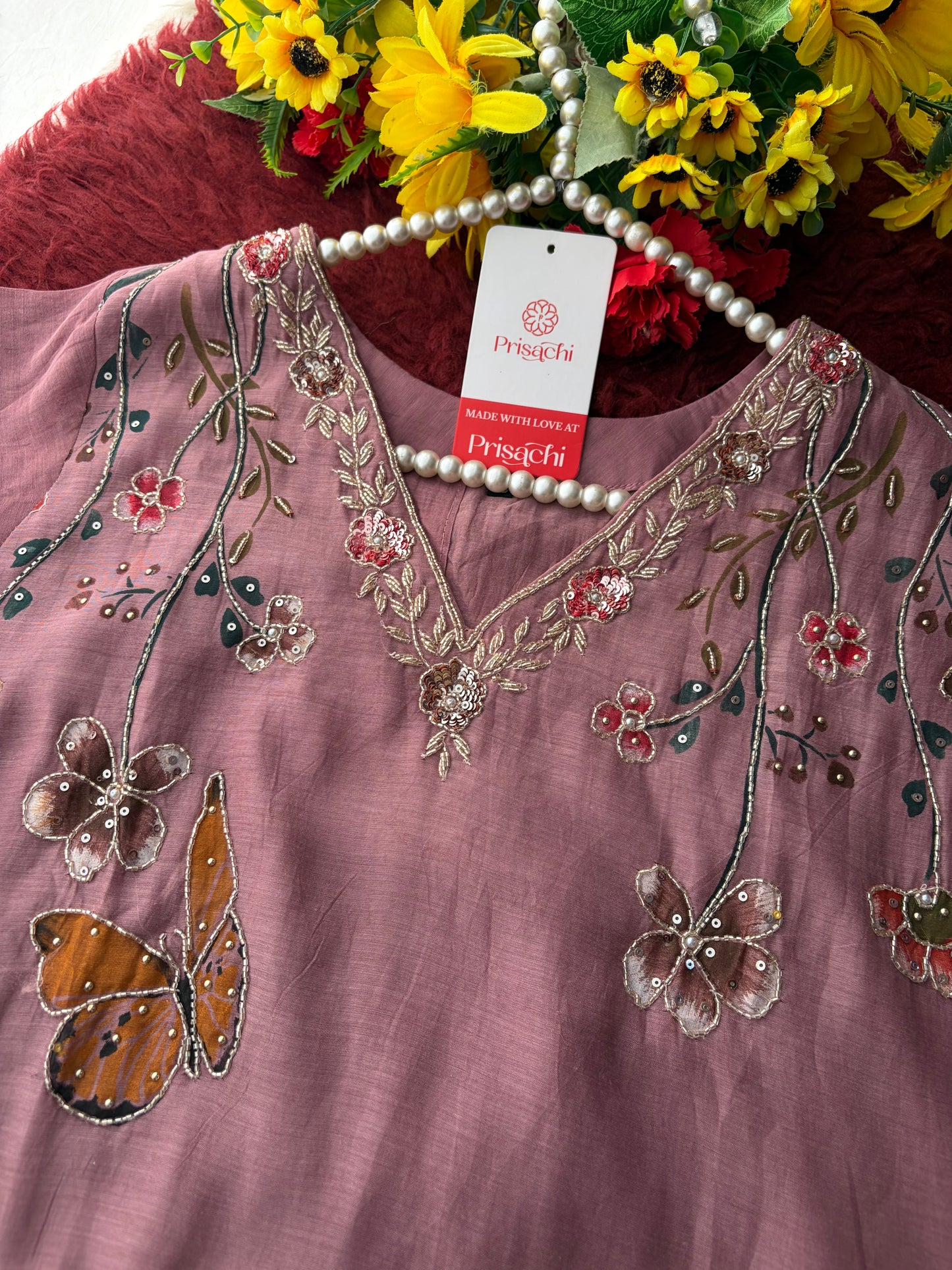 Mauve Embroidered A-Line Ethnic kurta set with dupatta and Pants