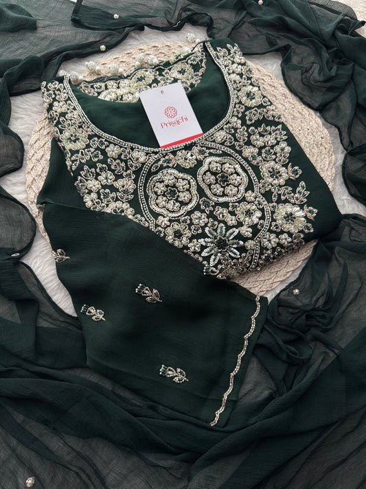 Deep Green Zardozi Embroidered Ethnic Kurta Set with Bell Bottom Pants & Dupatta