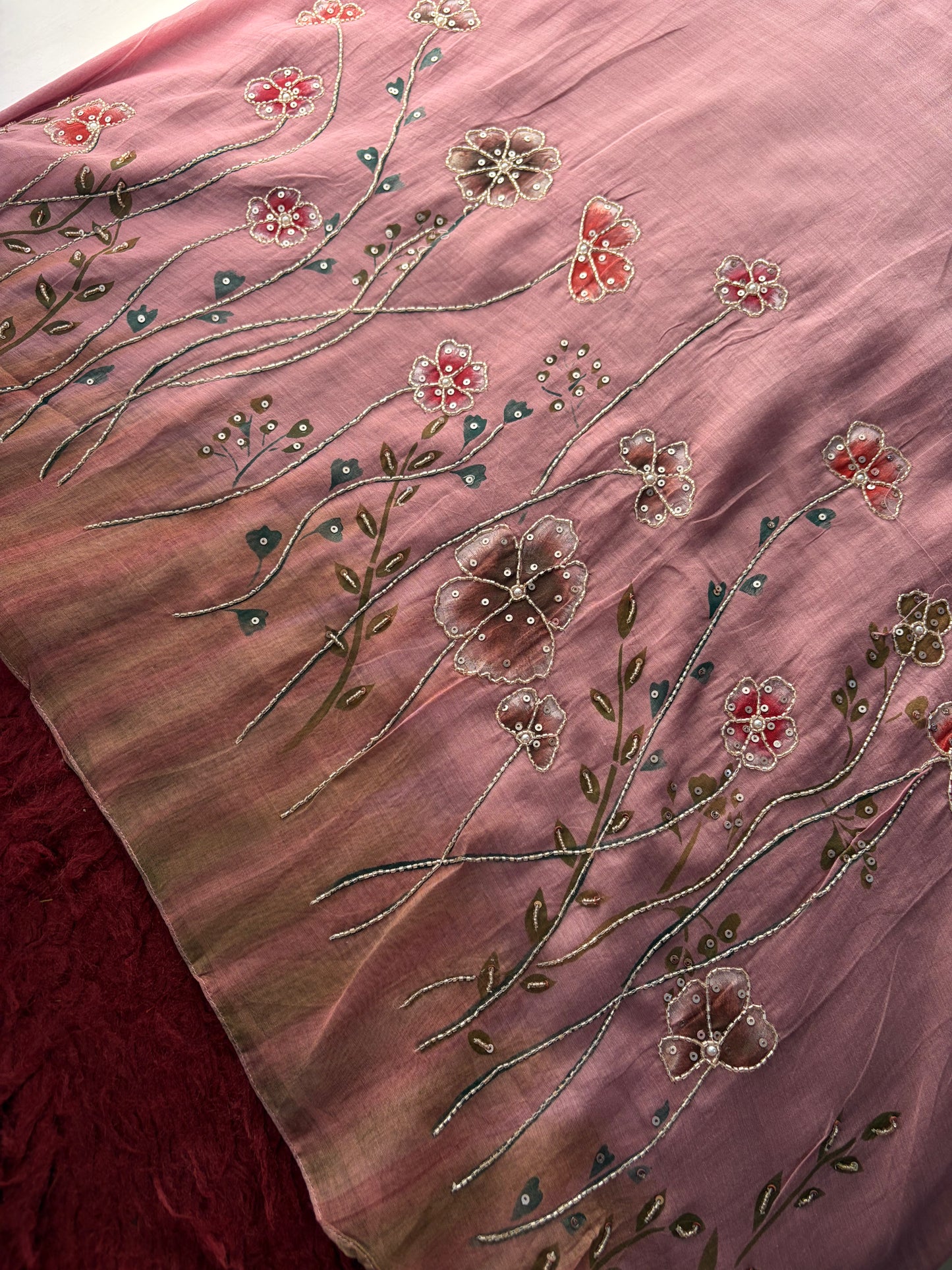 Mauve Embroidered A-Line Ethnic kurta set with dupatta and Pants