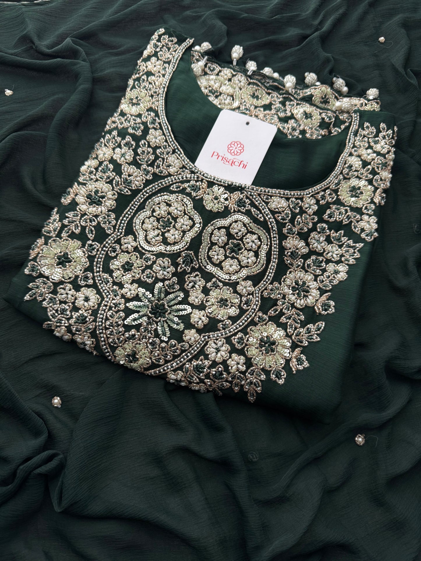 Deep Green Zardozi Embroidered Ethnic Kurta Set with Bell Bottom Pants & Dupatta