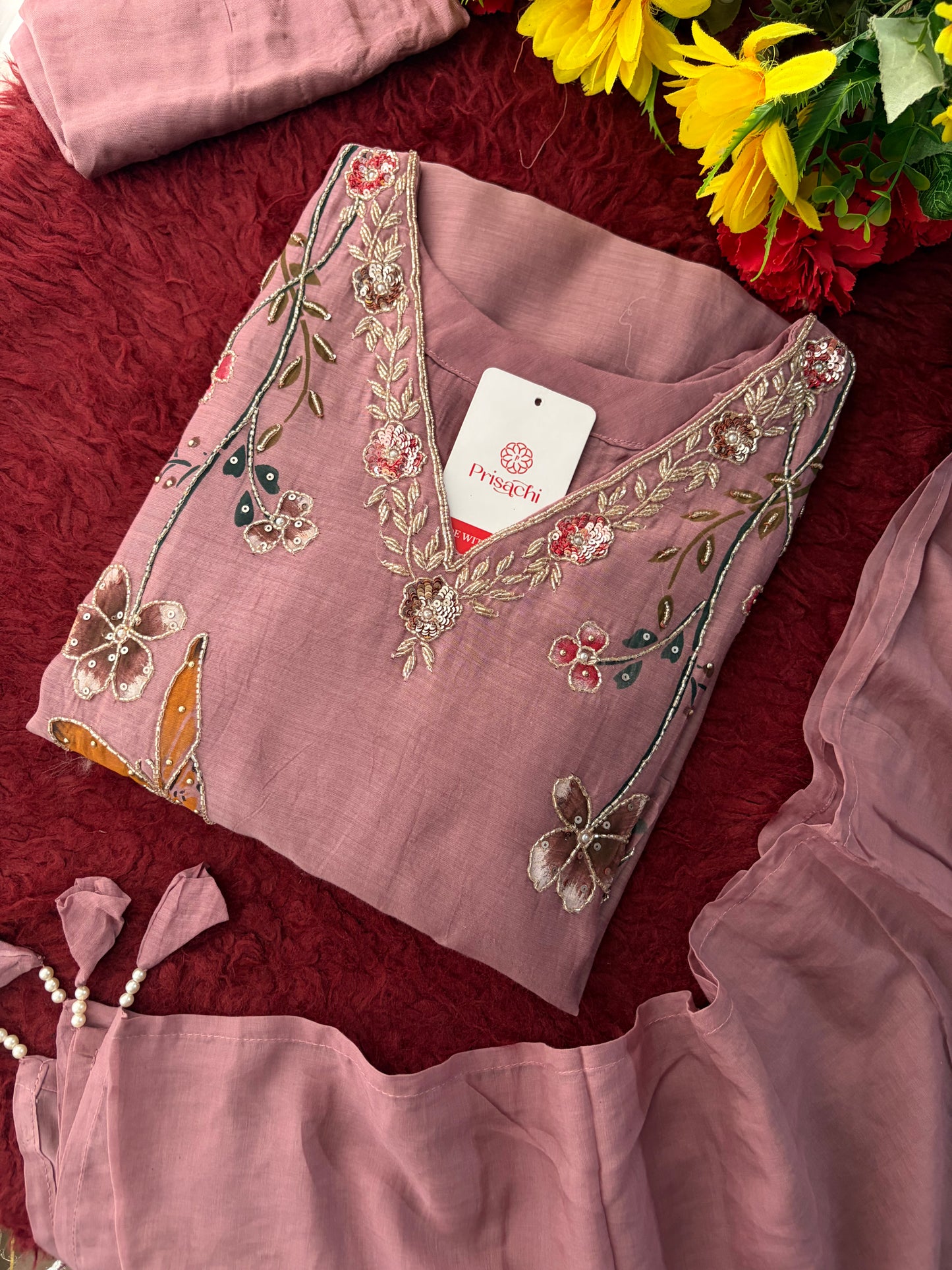 Mauve Embroidered A-Line Ethnic kurta set with dupatta and Pants