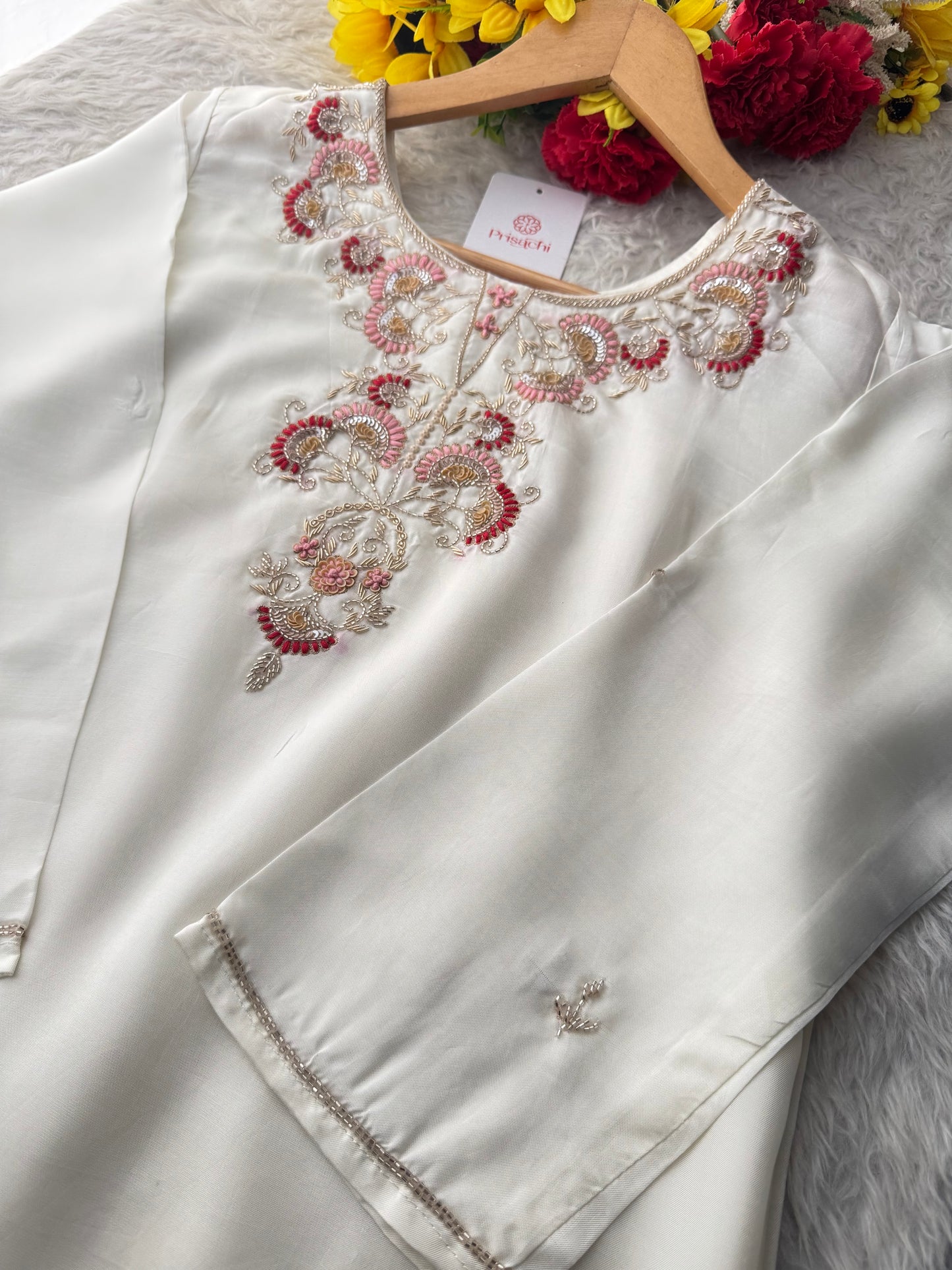 White Zardozi Embroidered Kurta Set with Dupatta & Pants for Women | Traditional Ethnic Suit Set