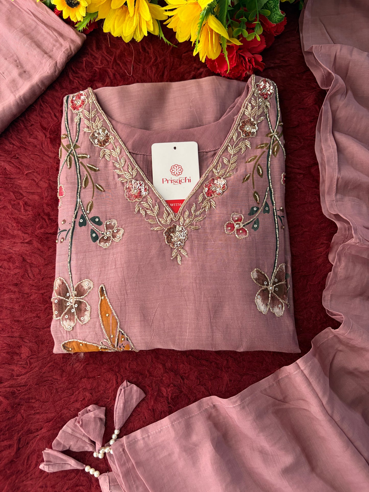 Mauve Embroidered A-Line Ethnic kurta set with dupatta and Pants