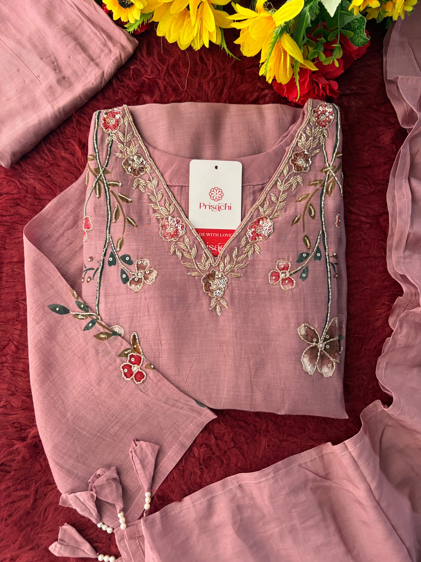 Mauve Embroidered A-Line Ethnic kurta set with dupatta and Pants