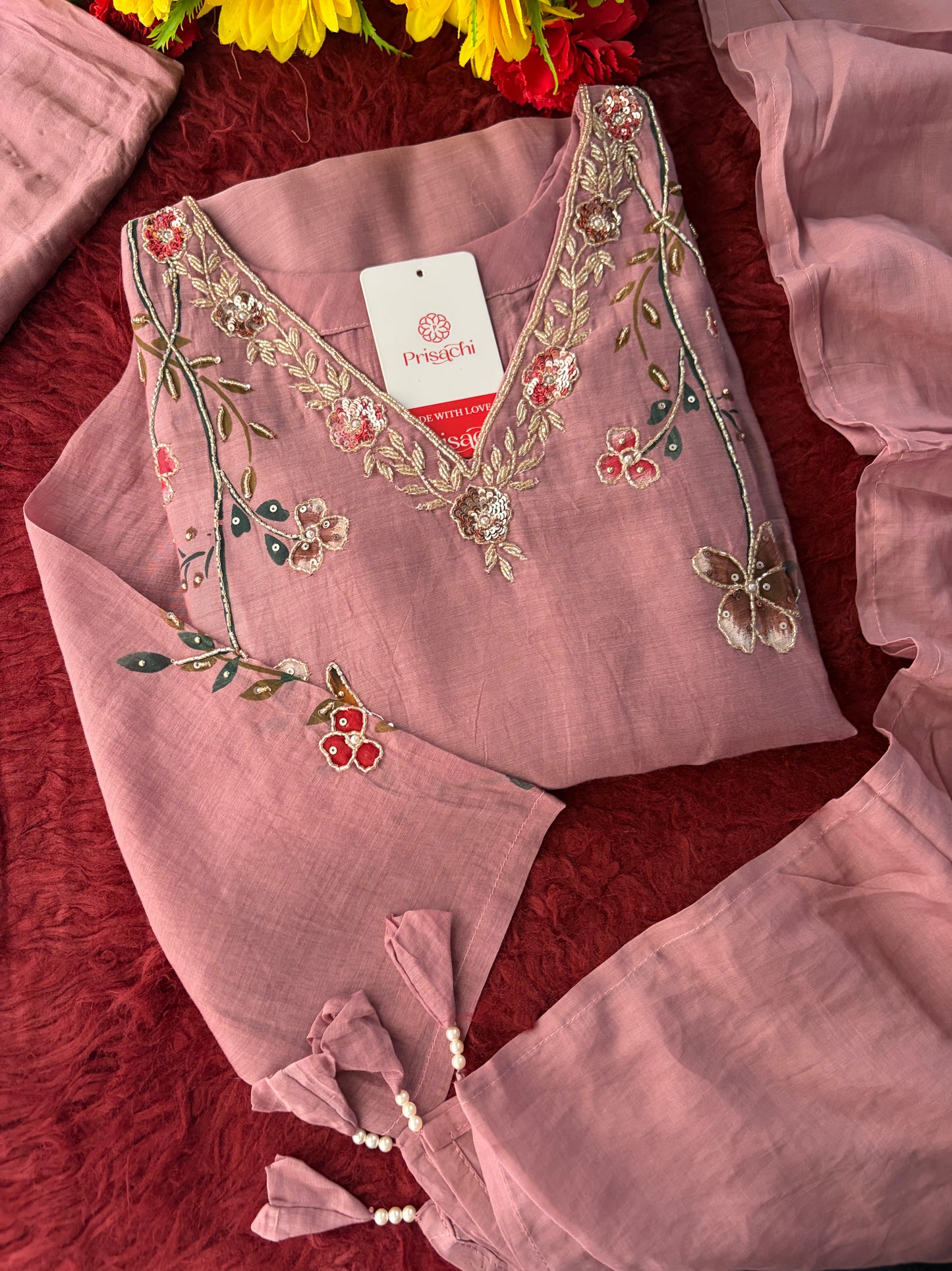 Mauve Embroidered A-Line Ethnic kurta set with dupatta and Pants