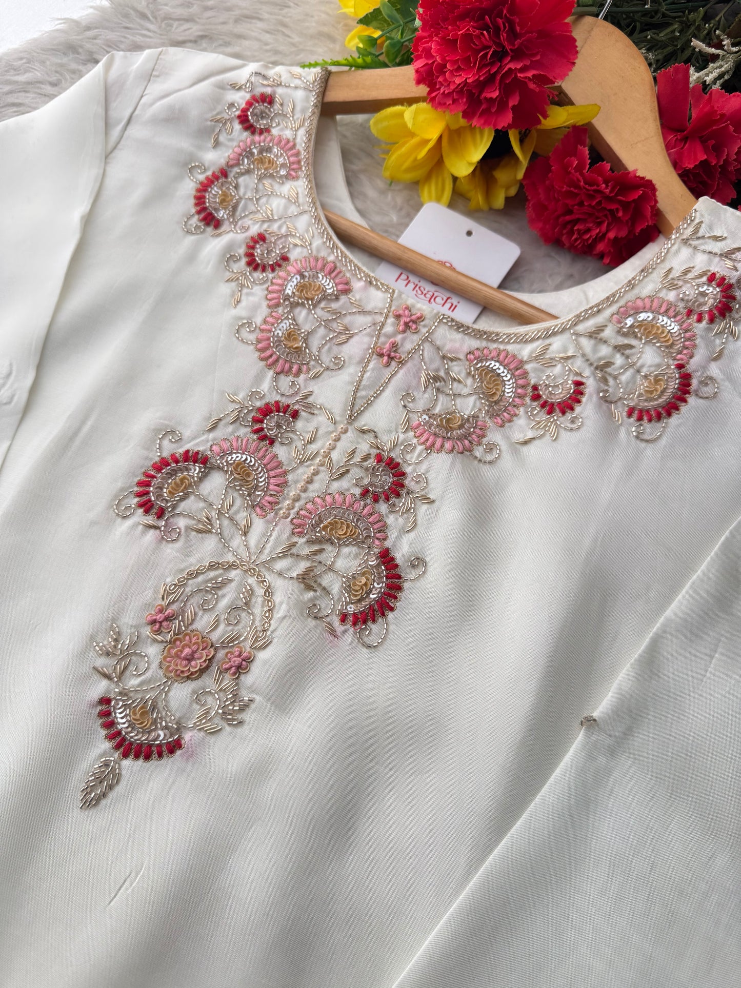 White Zardozi Embroidered Kurta Set with Dupatta & Pants for Women | Traditional Ethnic Suit Set