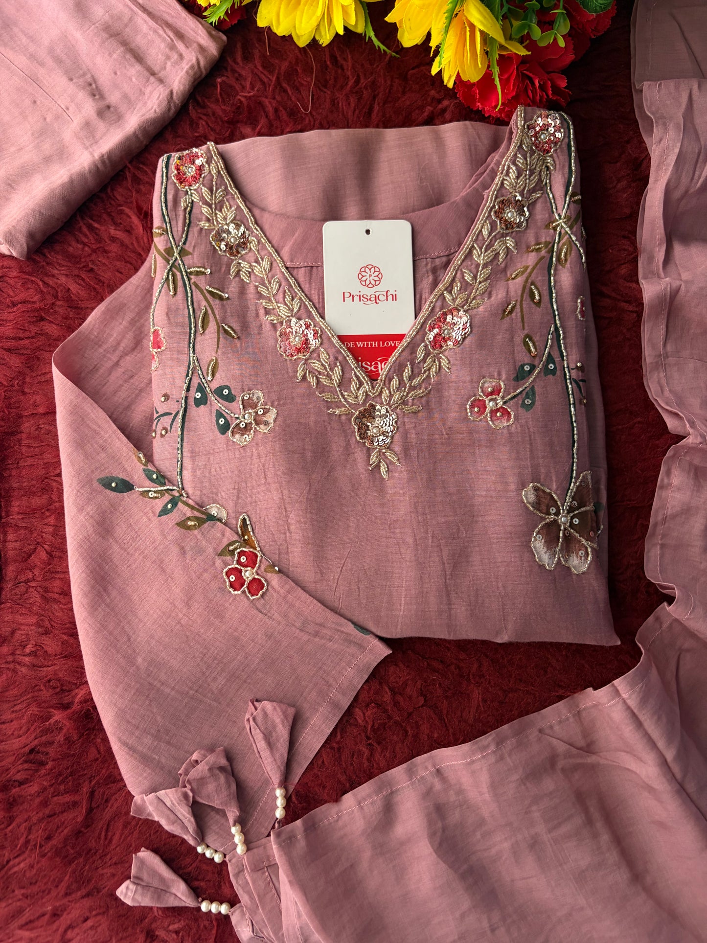 Mauve Embroidered A-Line Ethnic kurta set with dupatta and Pants