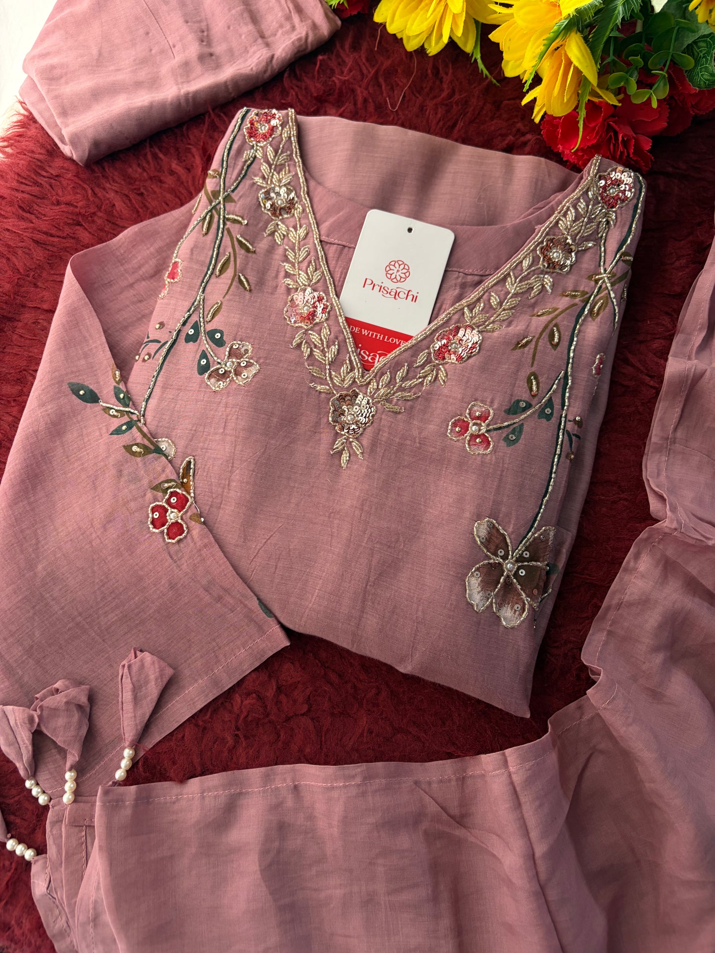 Mauve Embroidered A-Line Ethnic kurta set with dupatta and Pants