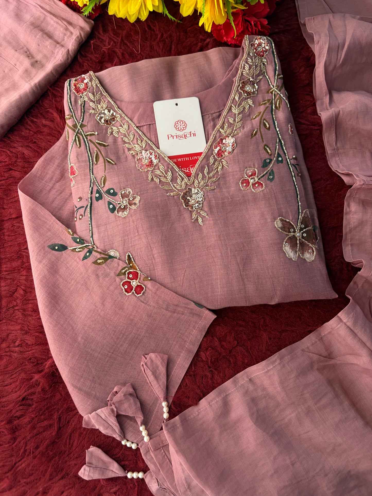 Mauve Embroidered A-Line Ethnic kurta set with dupatta and Pants