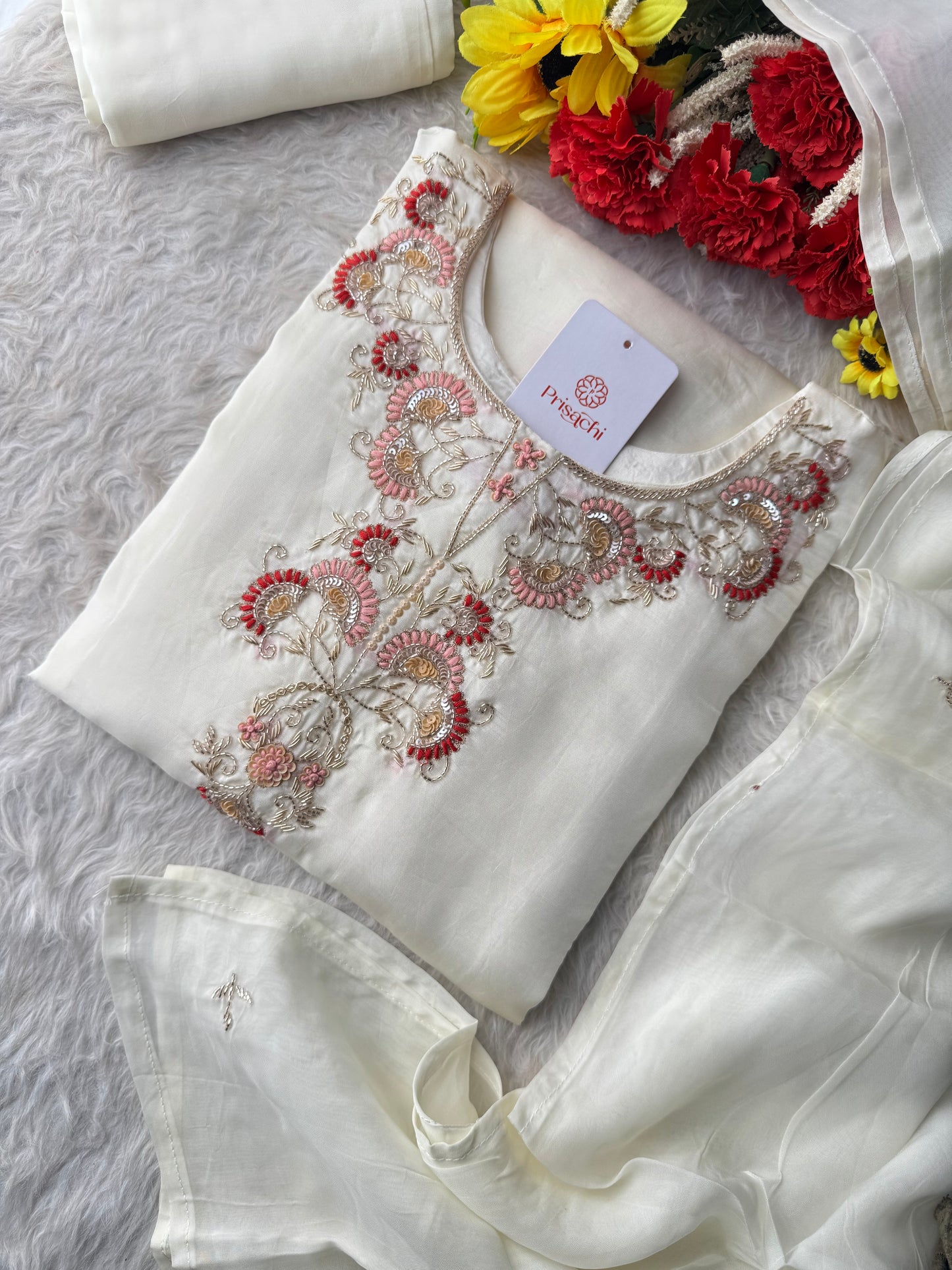 White Zardozi Embroidered Kurta Set with Dupatta & Pants for Women | Traditional Ethnic Suit Set