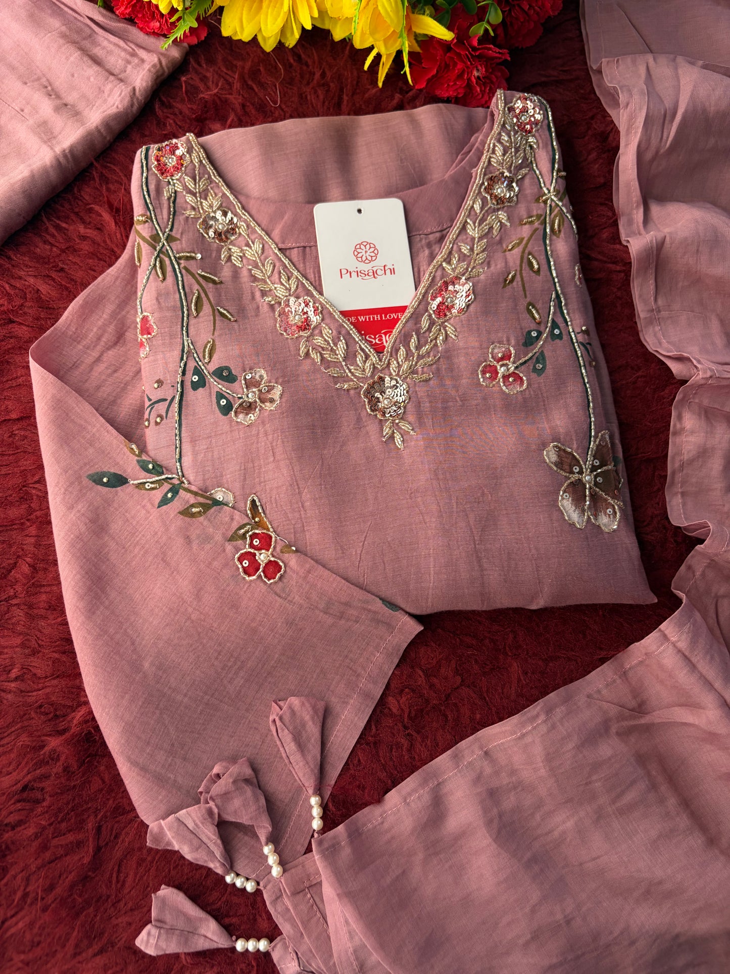 Mauve Embroidered A-Line Ethnic kurta set with dupatta and Pants
