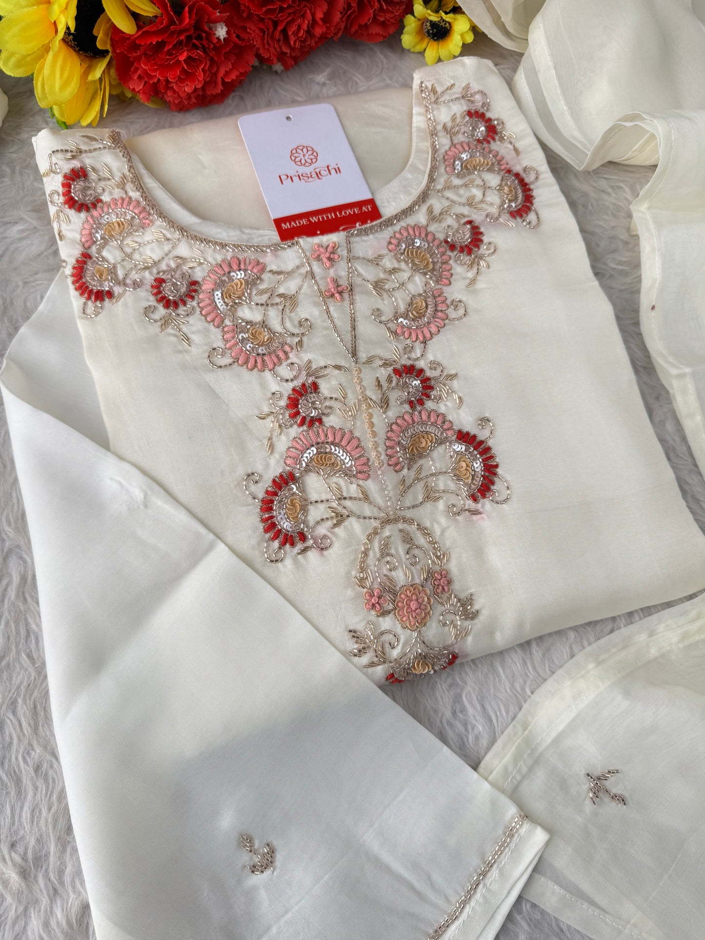 White Zardozi Embroidered Kurta Set with Dupatta & Pants for Women | Traditional Ethnic Suit Set