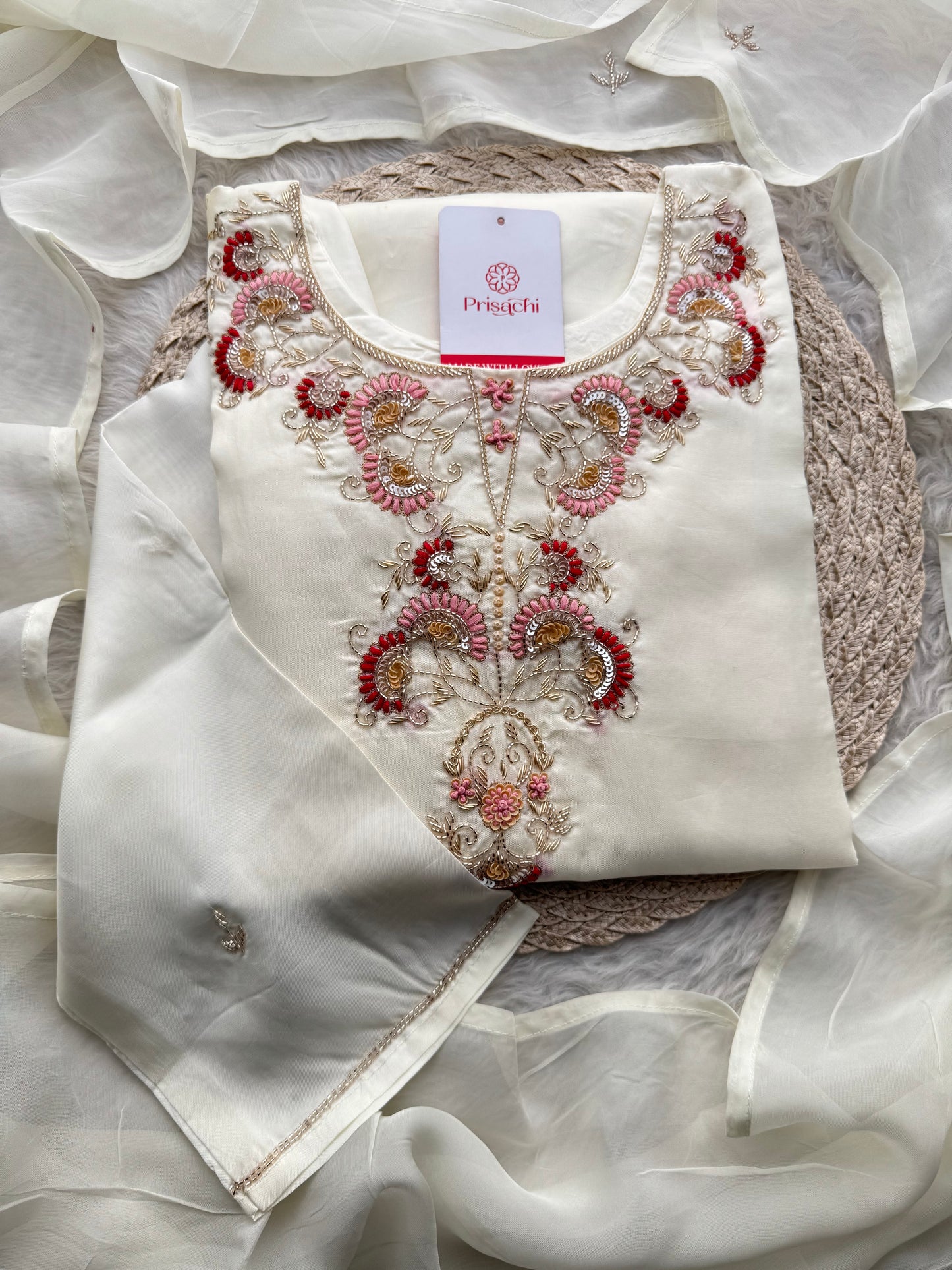 White Zardozi Embroidered Kurta Set with Dupatta & Pants for Women | Traditional Ethnic Suit Set