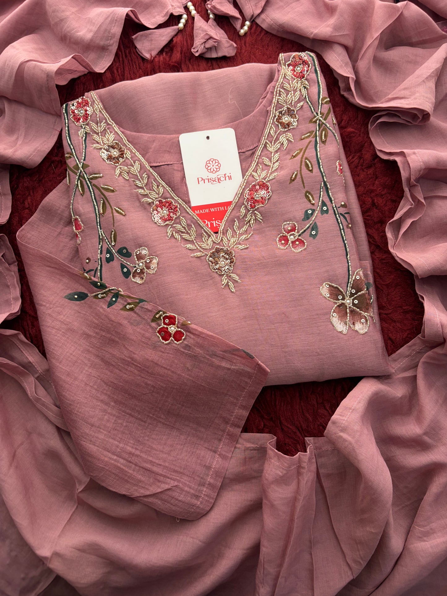 Mauve Embroidered A-Line Ethnic kurta set with dupatta and Pants