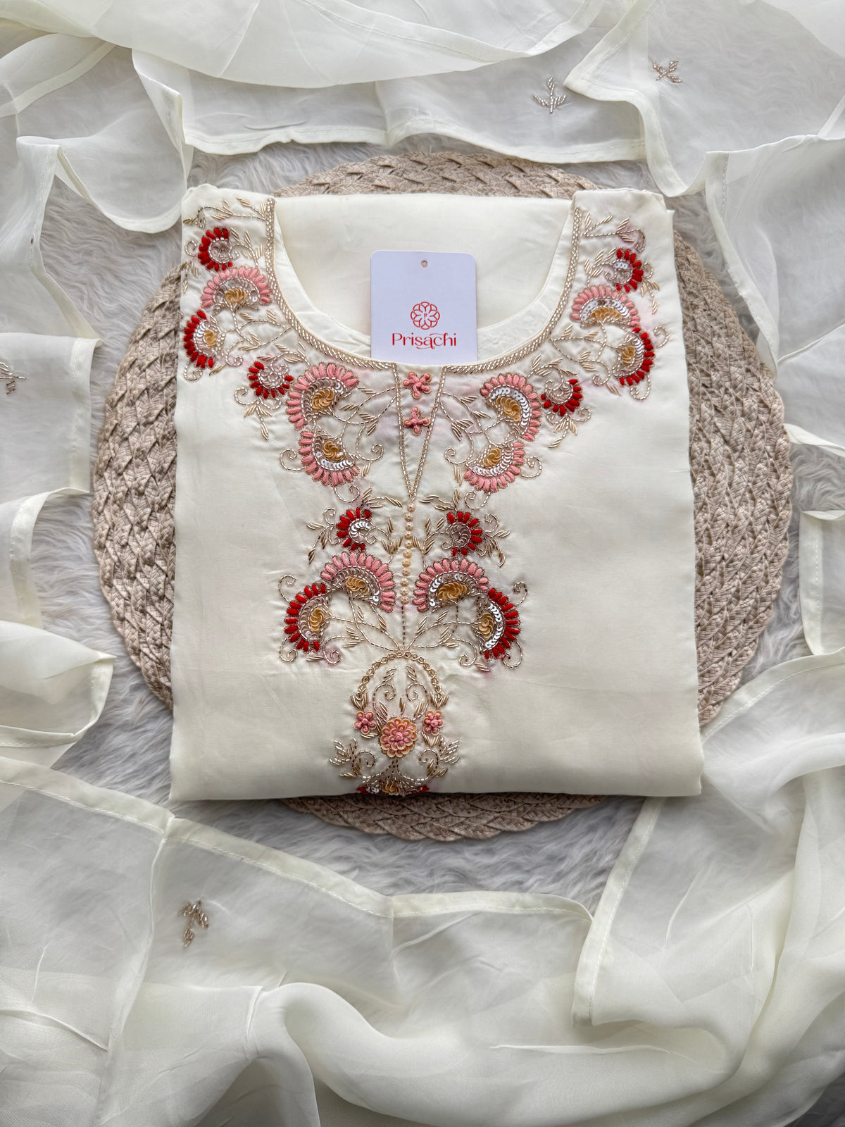 White Zardozi Embroidered Kurta Set with Dupatta & Pants for Women | Traditional Ethnic Suit Set - Prisachi Official