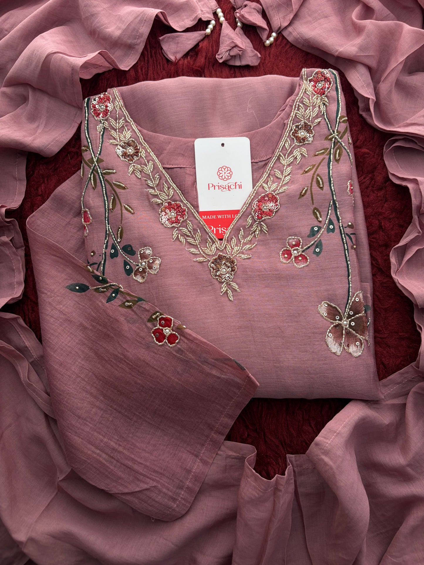 Mauve Embroidered A-Line Ethnic kurta set with dupatta and Pants