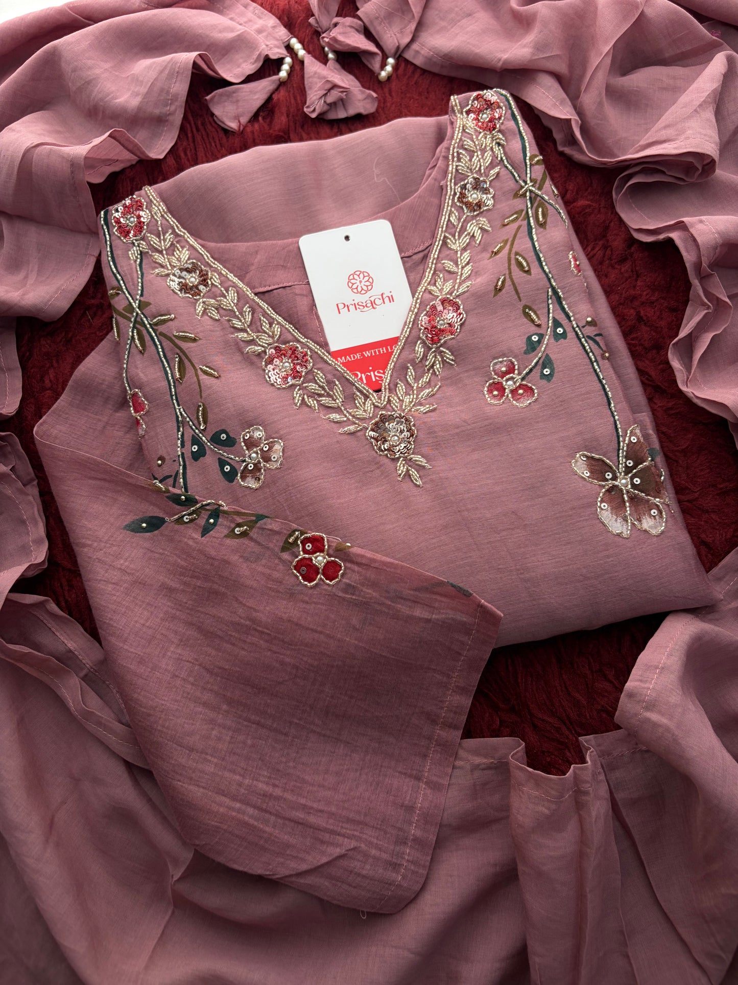 Mauve Embroidered A-Line Ethnic kurta set with dupatta and Pants