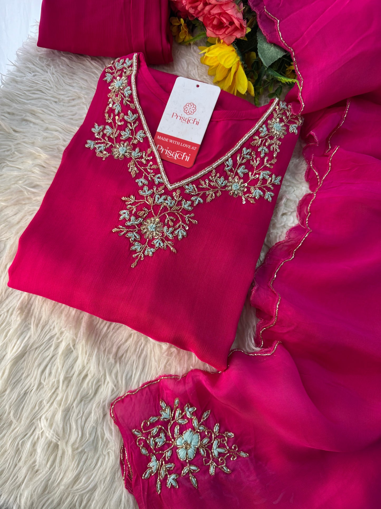 Pink Designer Embroidered Ethnic Kurta Set with Dupatta & Pant