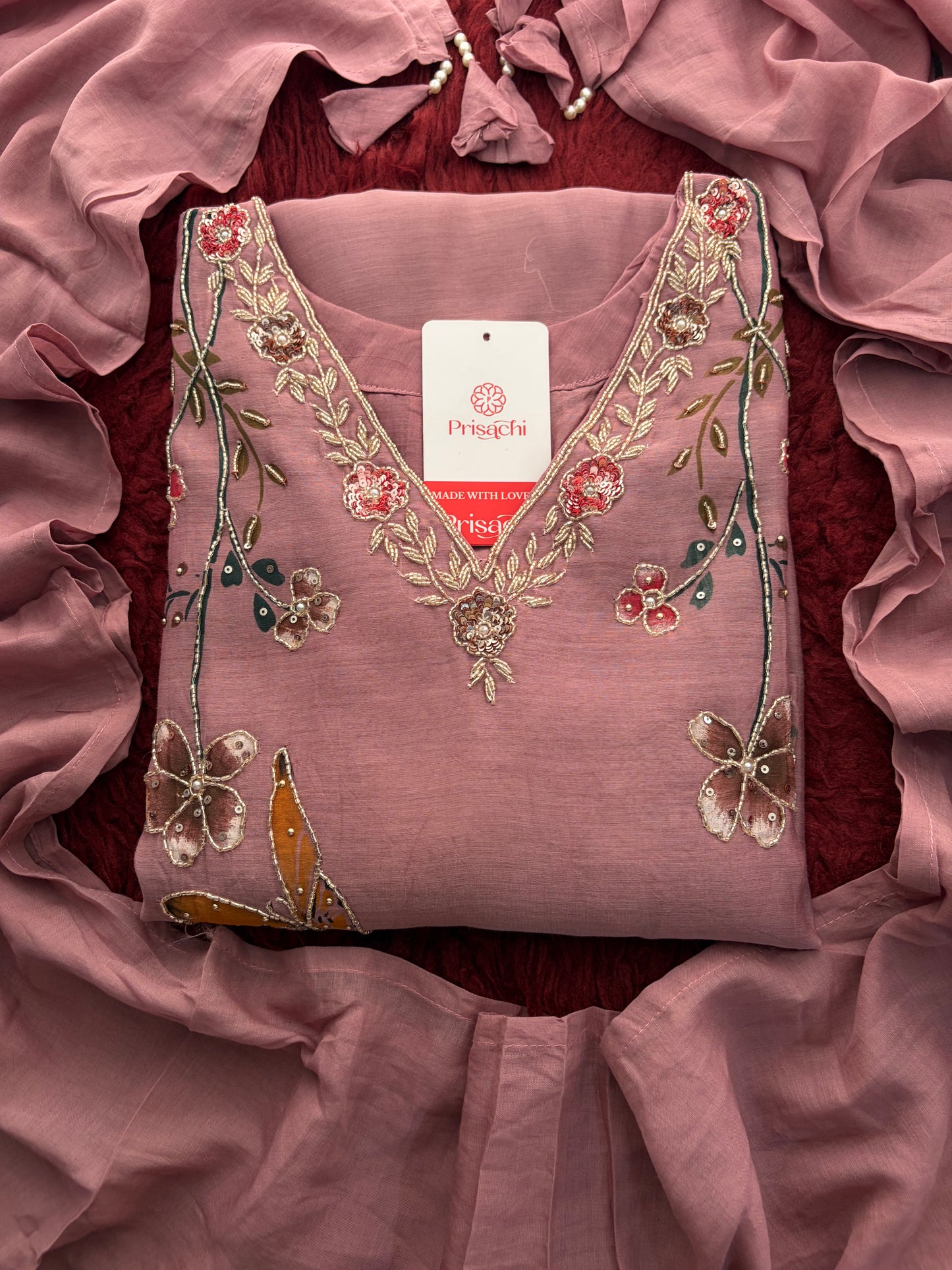 Mauve Embroidered A-Line Ethnic kurta set with dupatta and Pants