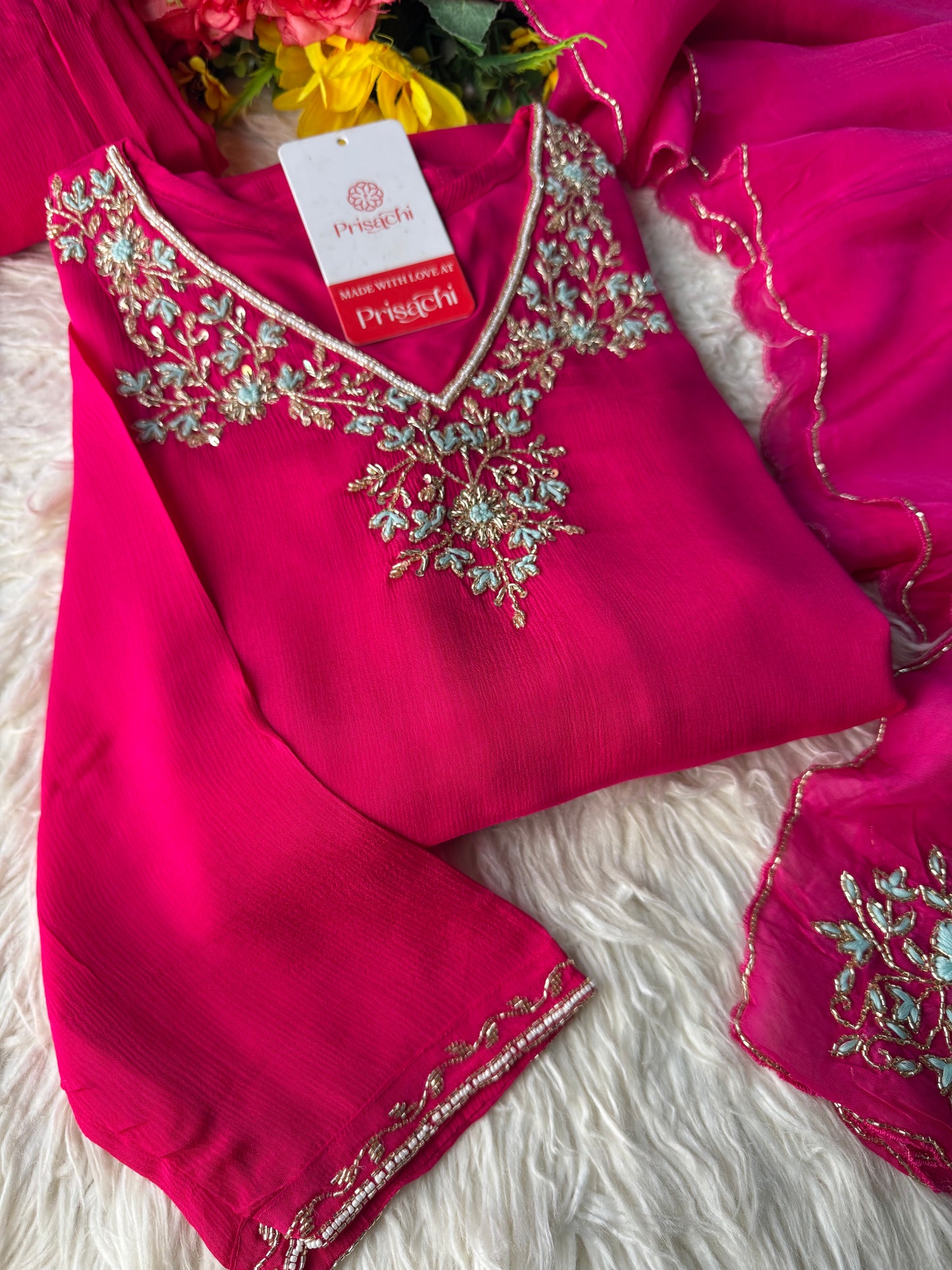 Pink Designer Embroidered Ethnic Kurta Set with Dupatta & Pant