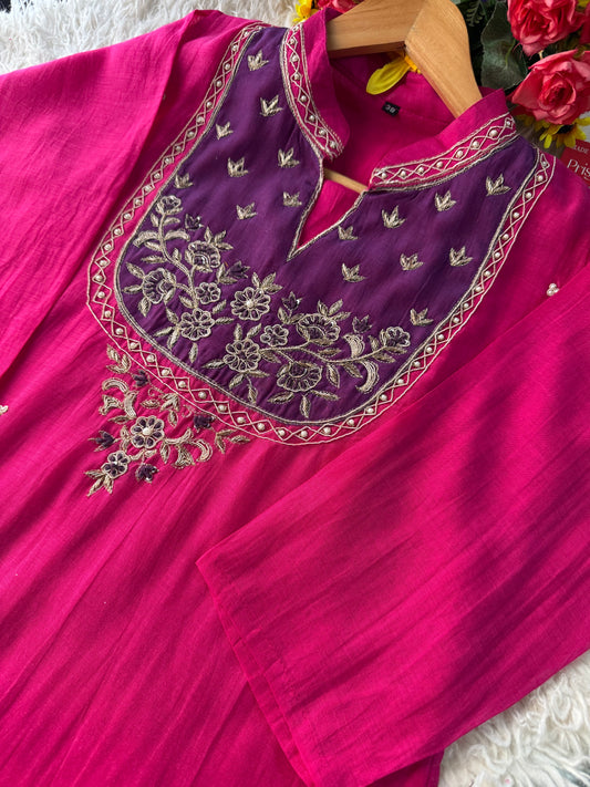 Pink hand embroidered A Line kurta pant with dupatta