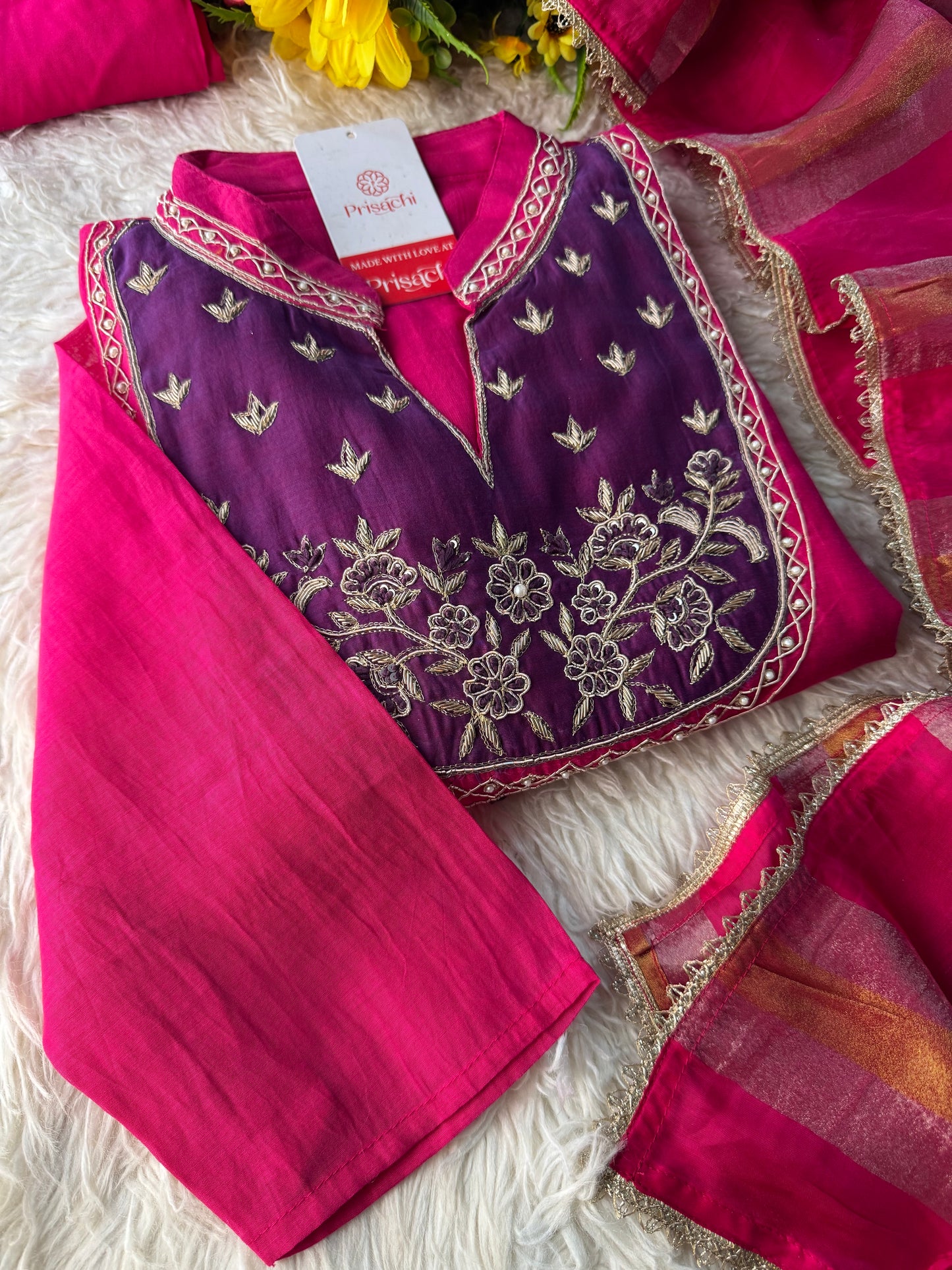 Pink hand embroidered A Line kurta pant with dupatta