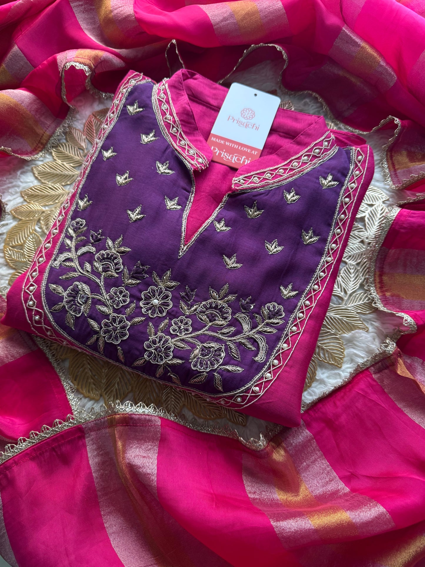 Pink hand embroidered A Line kurta pant with dupatta