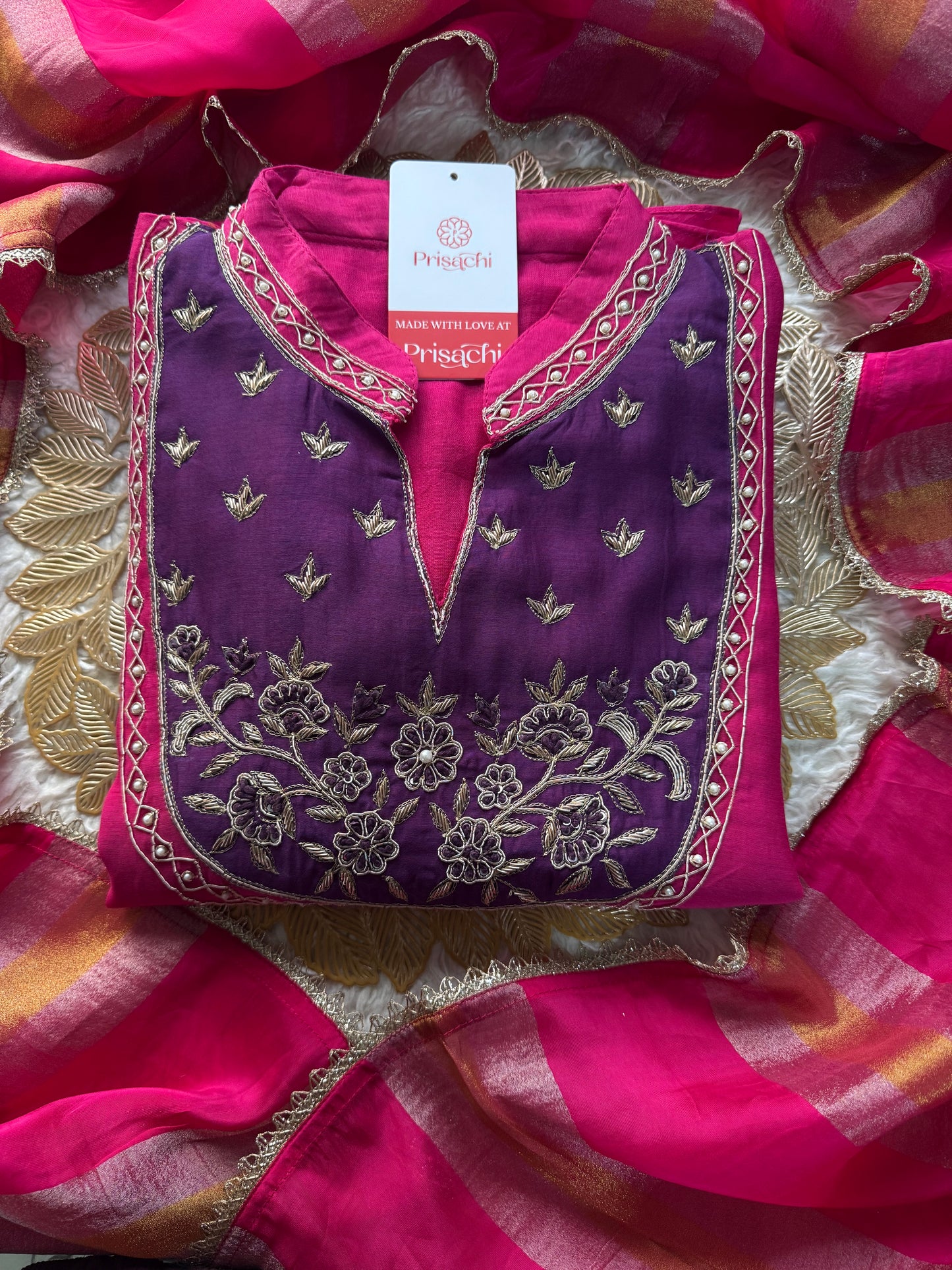 Pink hand embroidered A Line kurta pant with dupatta