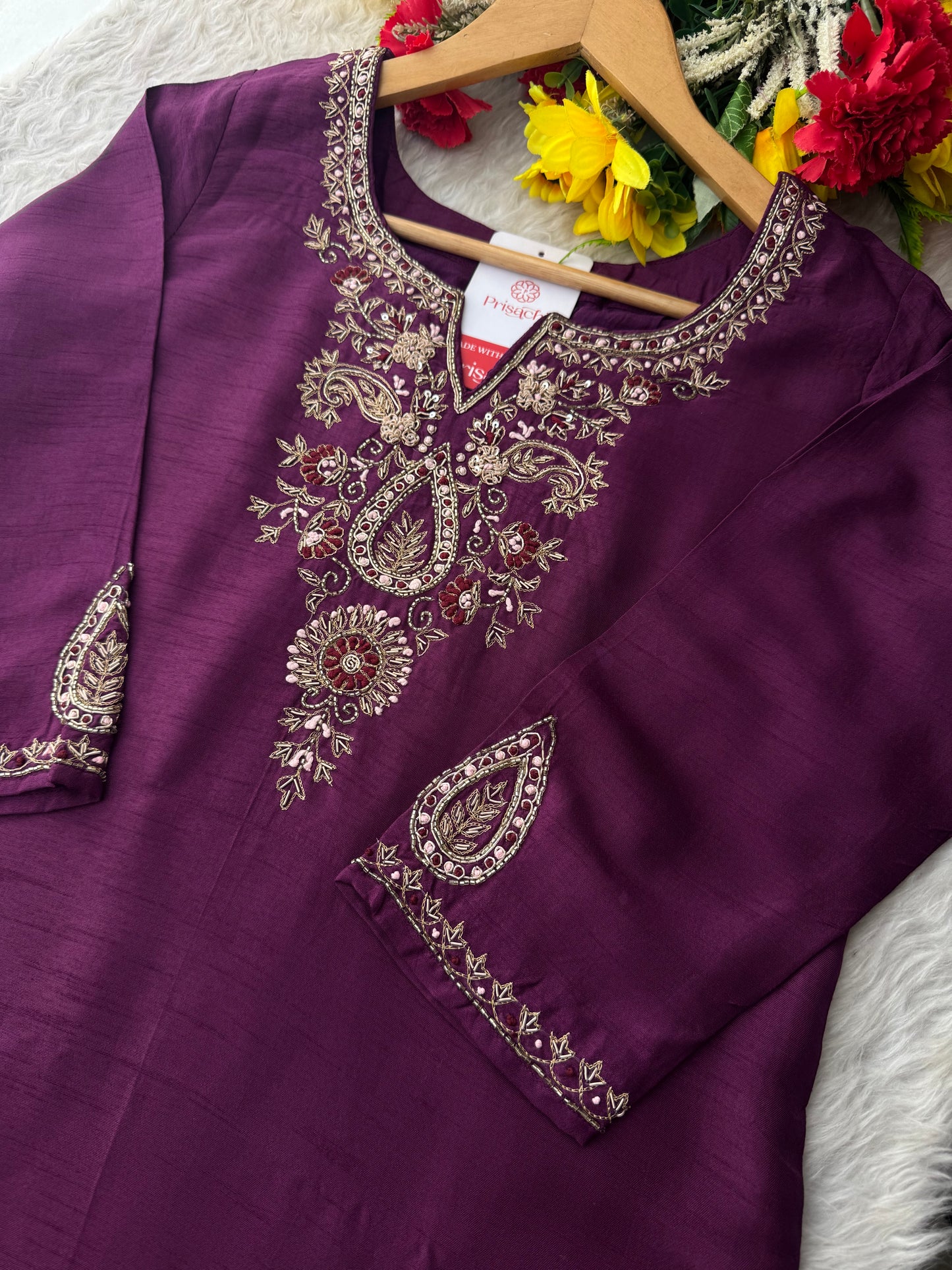Purple Zardozi Embroidered Kurta Set with Pants & Dupatta for Women | Designer Festive & Wedding Wear