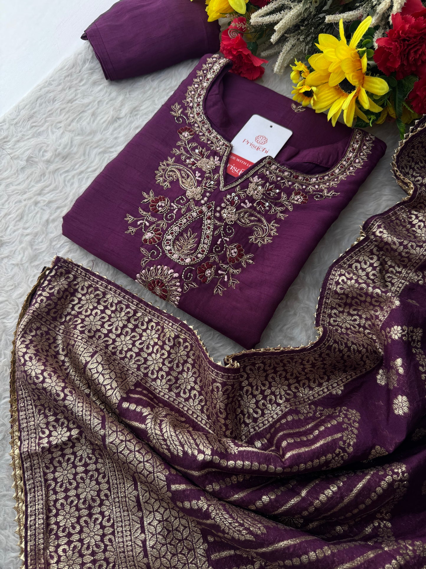 Purple Zardozi Embroidered Kurta Set with Pants & Dupatta for Women | Designer Festive & Wedding Wear