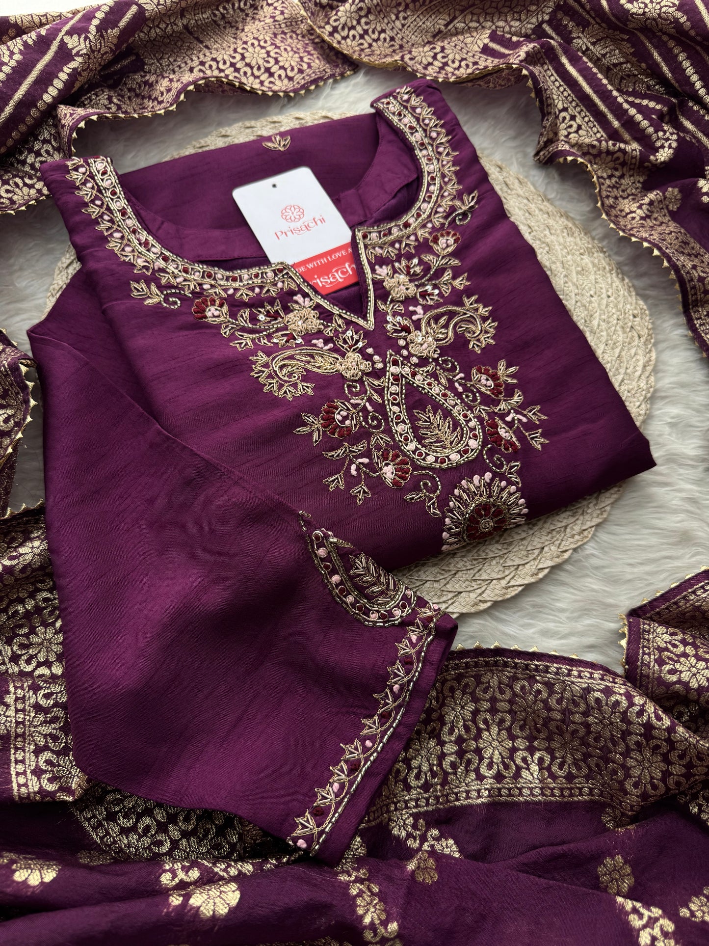 Purple Zardozi Embroidered Kurta Set with Pants & Dupatta for Women | Designer Festive & Wedding Wear