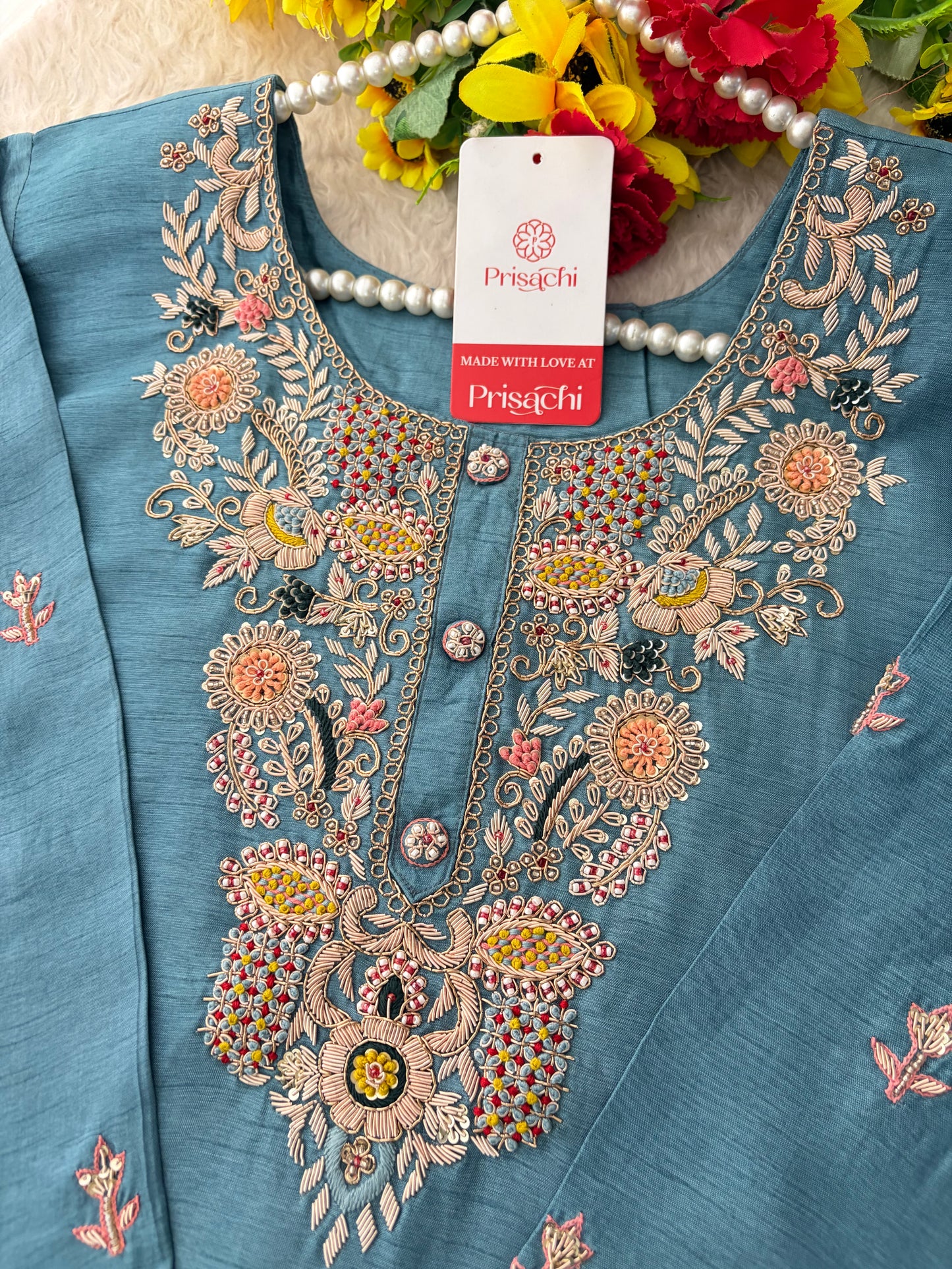 Blue Zardozi Embroidered Kurta Set with Pants & Dupatta for Women | Ethnic Festive & Wedding Wear
