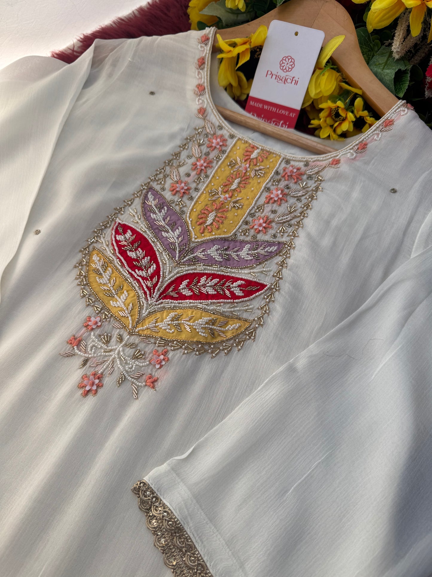 White Embroidered Ethnic Kurta Set with Pants & Banarasi Dupatta for Women | Festive & Wedding Wear