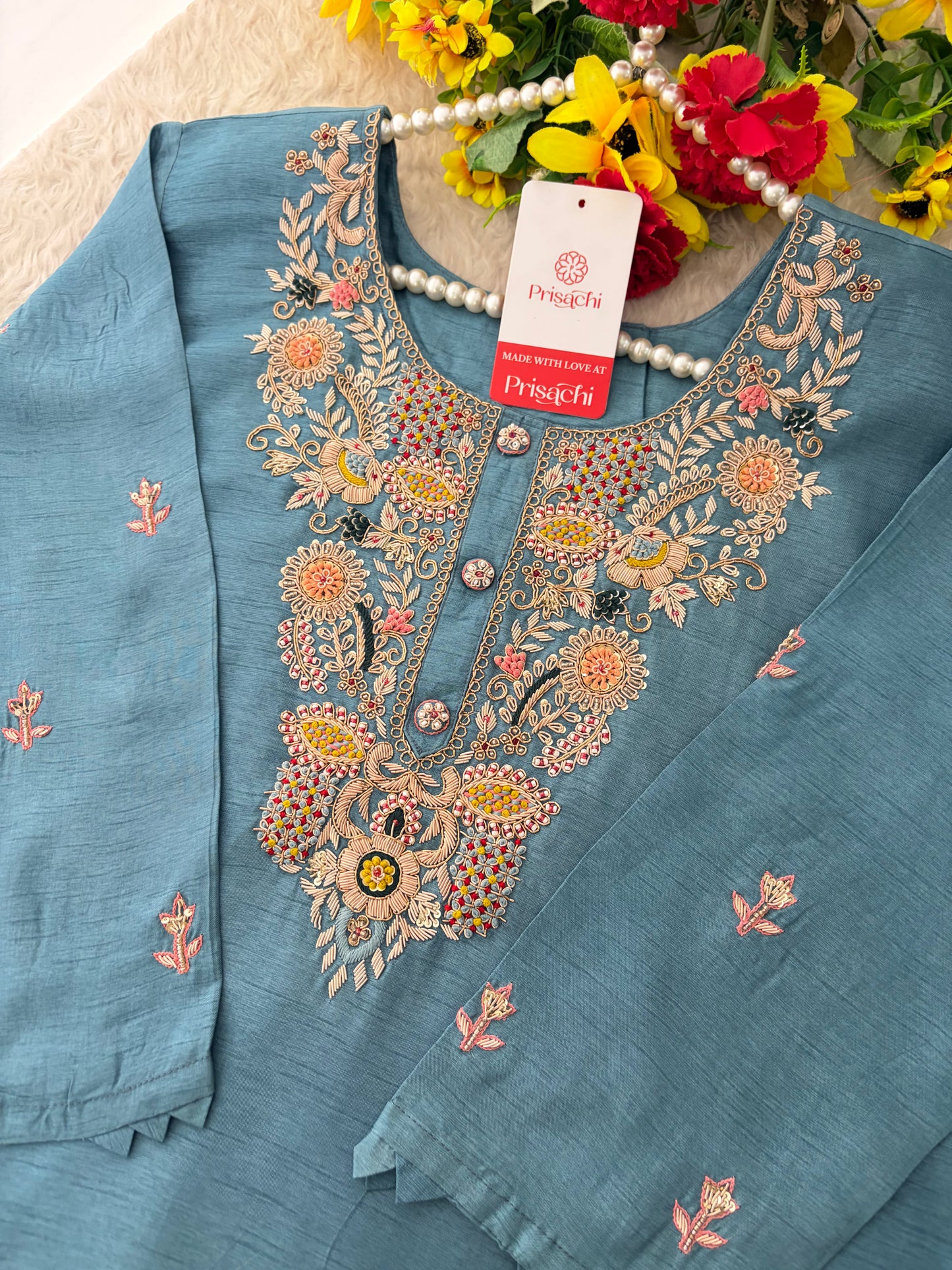 Blue Zardozi Embroidered Kurta Set with Pants & Dupatta for Women | Ethnic Festive & Wedding Wear