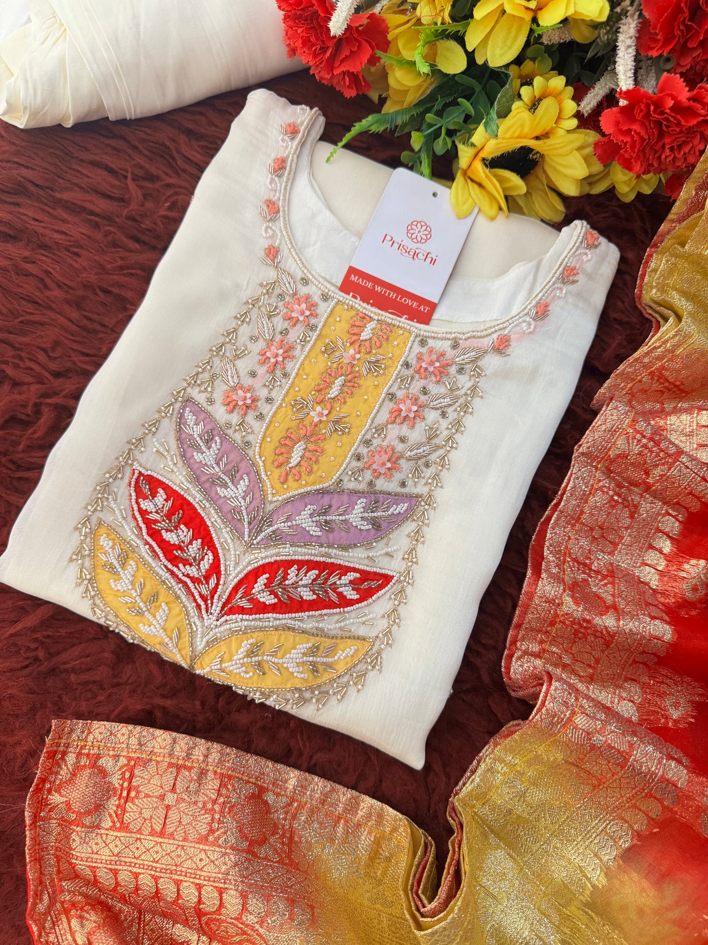 White Embroidered Ethnic Kurta Set with Pants & Banarasi Dupatta for Women | Festive & Wedding Wear