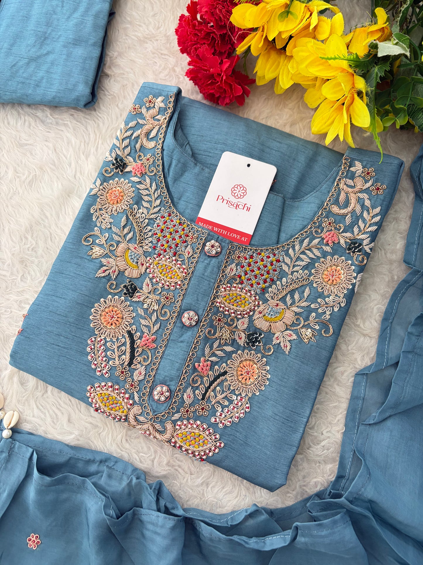 Blue Zardozi Embroidered Kurta Set with Pants & Dupatta for Women | Ethnic Festive & Wedding Wear