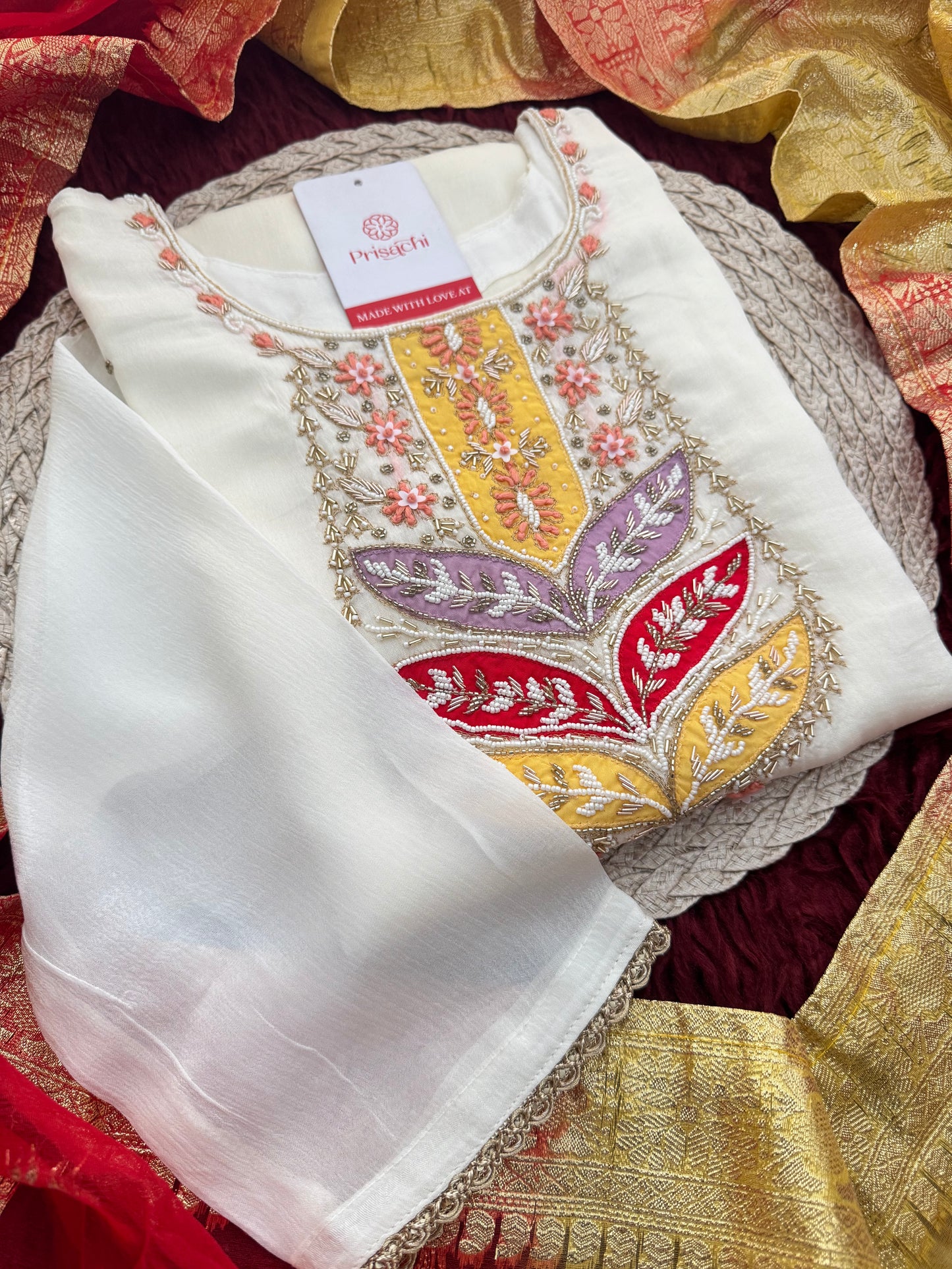 White Embroidered Ethnic Kurta Set with Pants & Banarasi Dupatta for Women | Festive & Wedding Wear