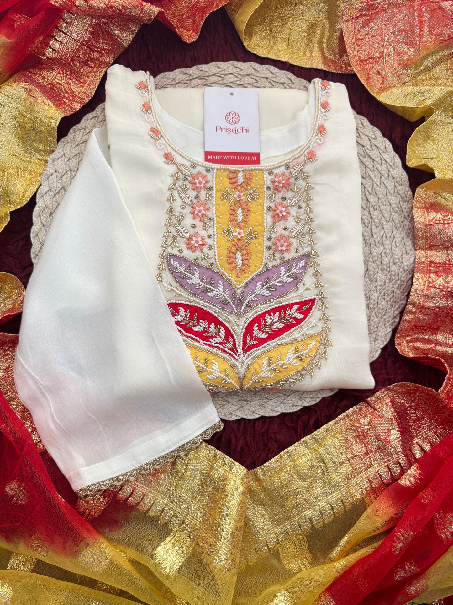White Embroidered Ethnic Kurta Set with Pants & Banarasi Dupatta for Women | Festive & Wedding Wear