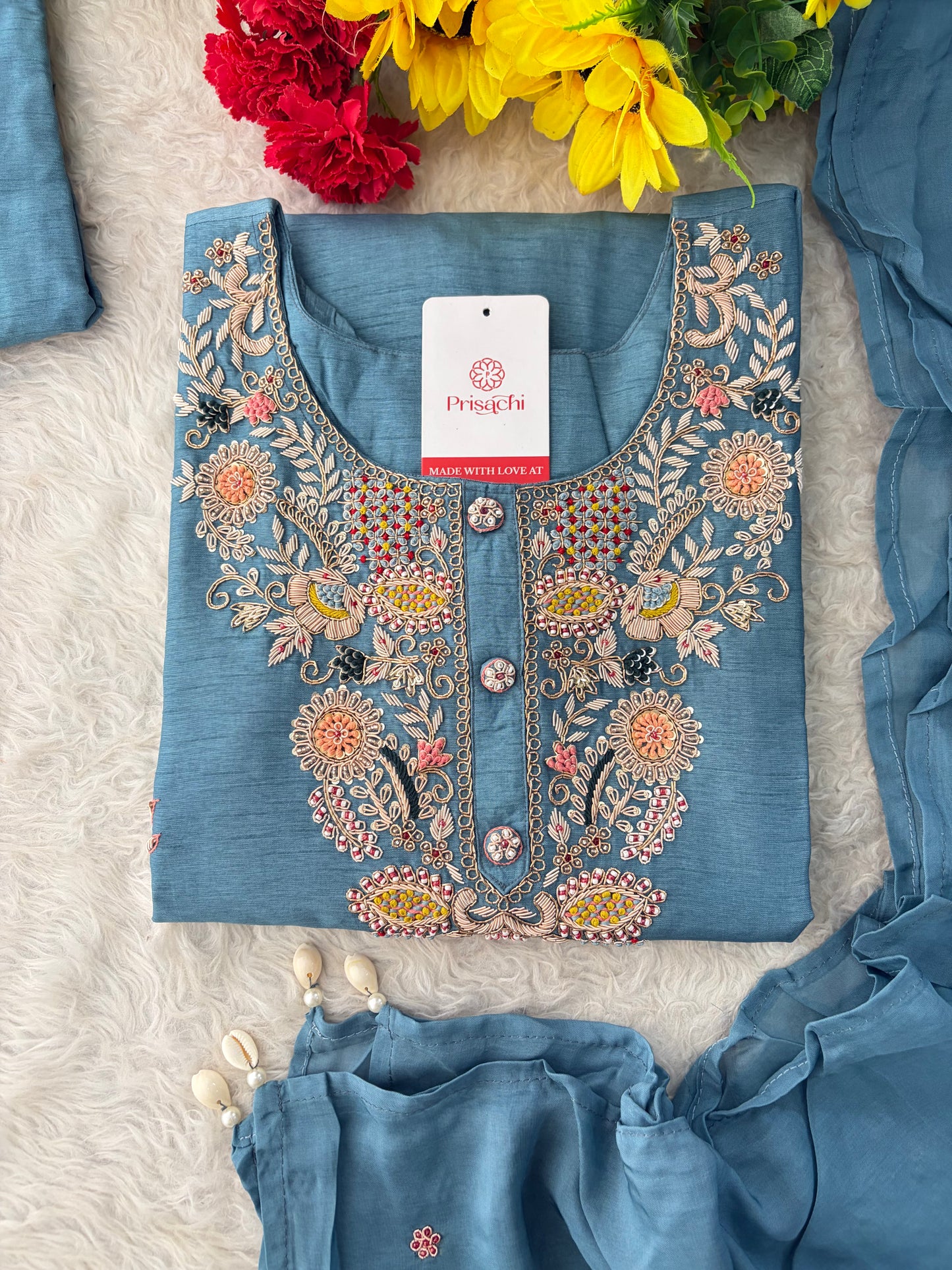 Blue Zardozi Embroidered Kurta Set with Pants & Dupatta for Women | Ethnic Festive & Wedding Wear
