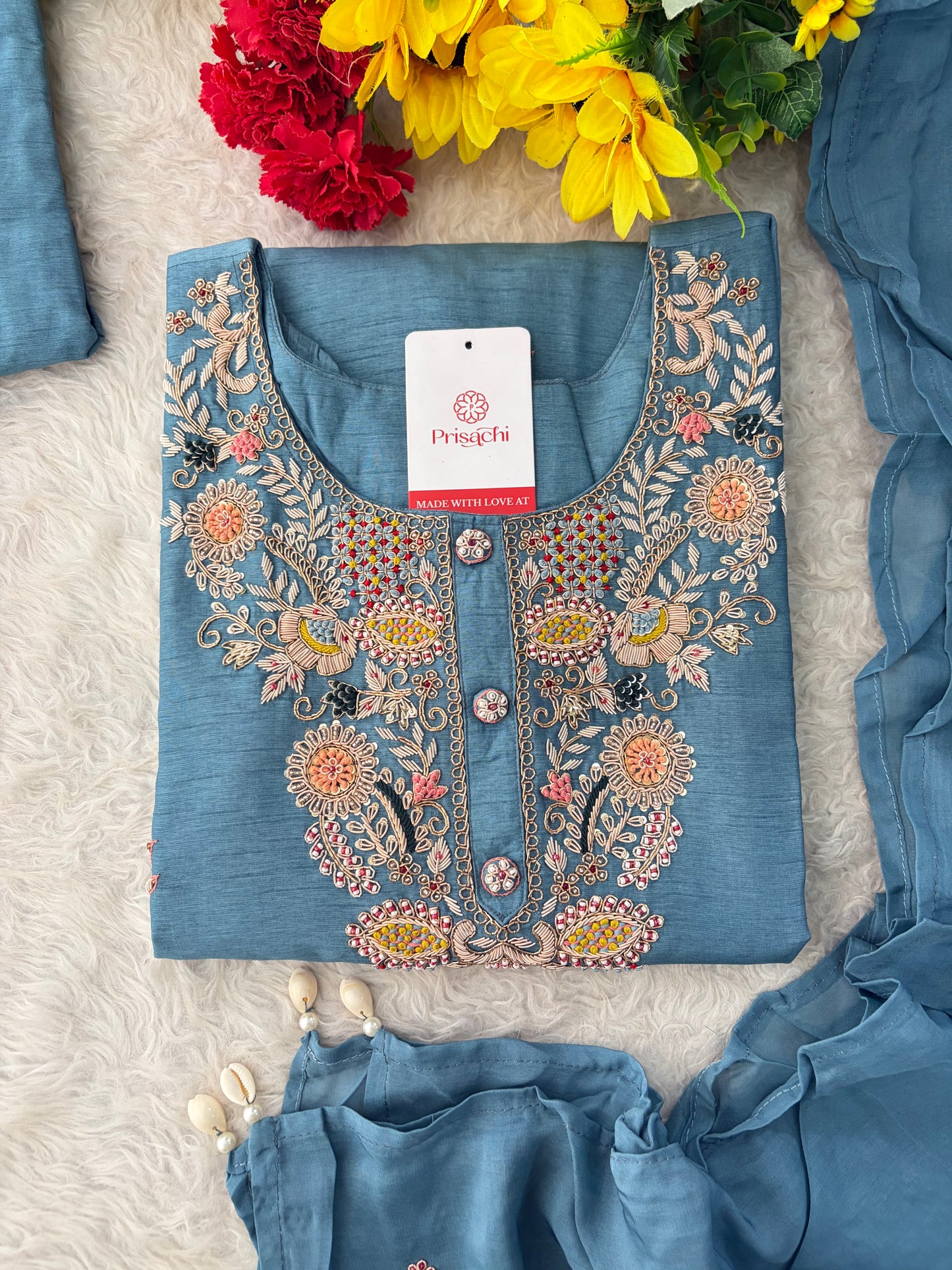 Blue Zardozi Embroidered Kurta Set with Pants & Dupatta for Women | Ethnic Festive & Wedding Wear