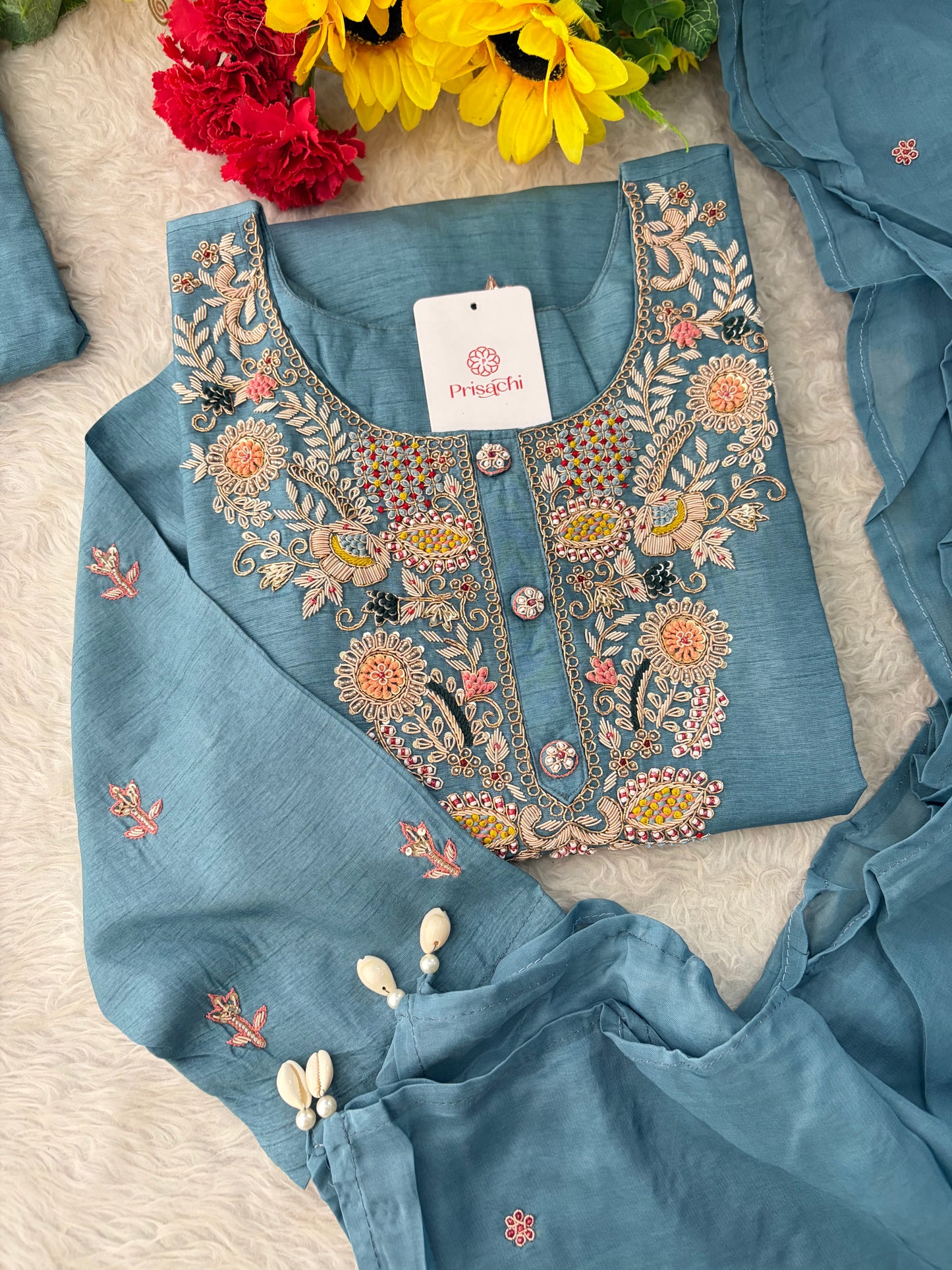 Blue Zardozi Embroidered Kurta Set with Pants & Dupatta for Women | Ethnic Festive & Wedding Wear