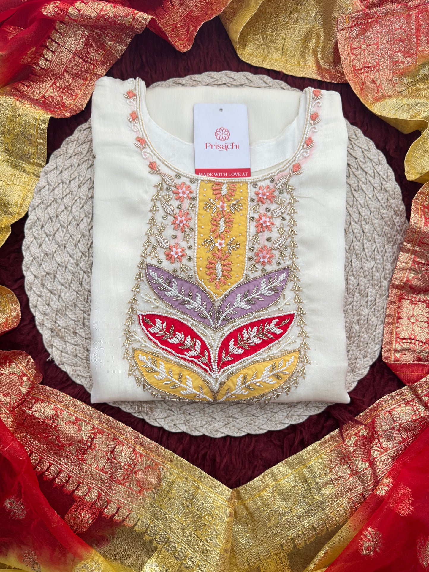 White Embroidered Ethnic Kurta Set with Pants & Banarasi Dupatta for Women | Festive & Wedding Wear