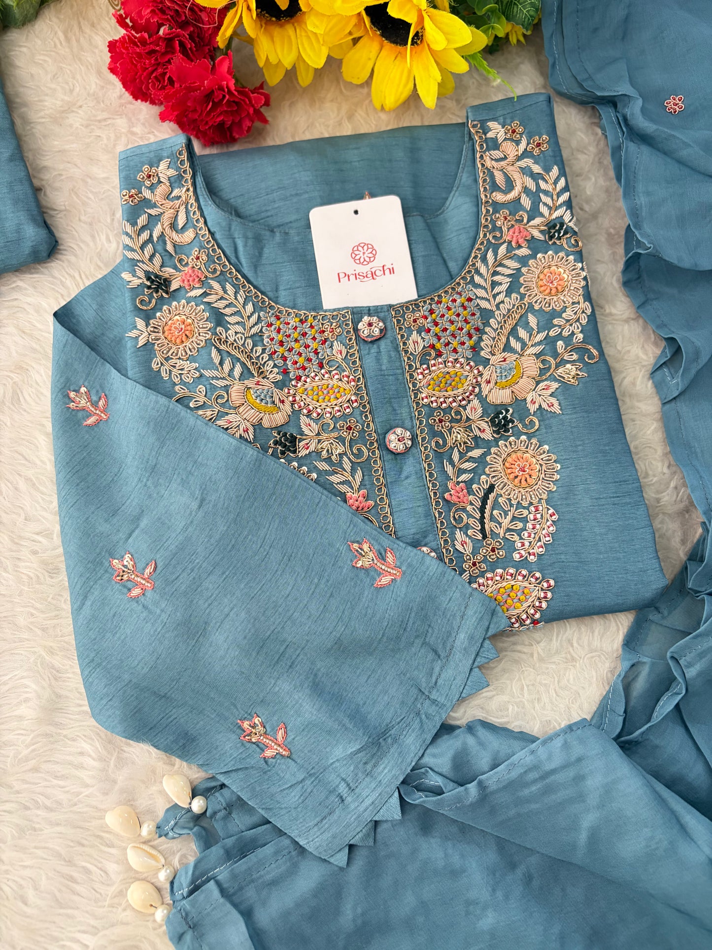 Blue Zardozi Embroidered Kurta Set with Pants & Dupatta for Women | Ethnic Festive & Wedding Wear